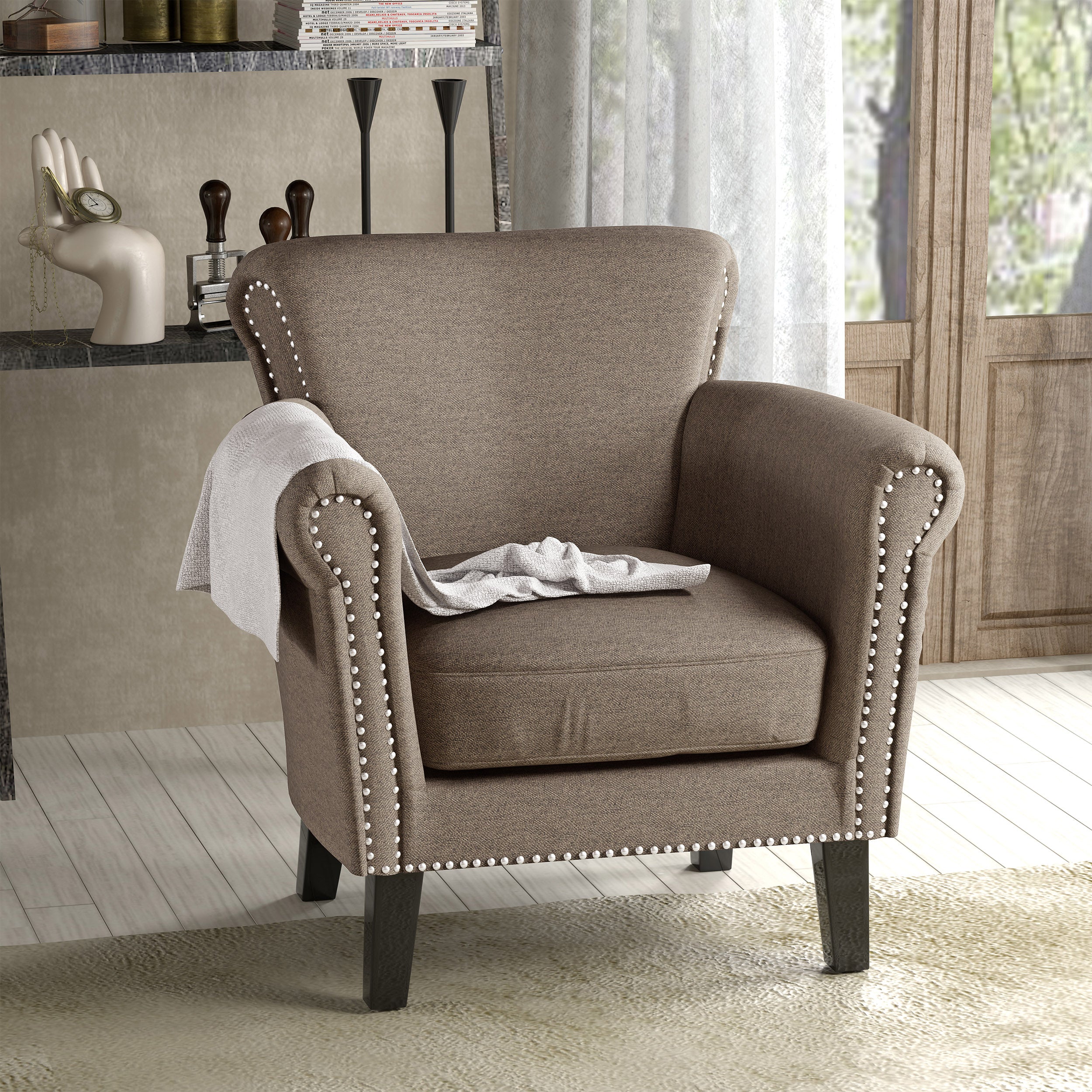 Brice Contemporary Scroll Arm Club Chair with Nailhead Trim - furnishings