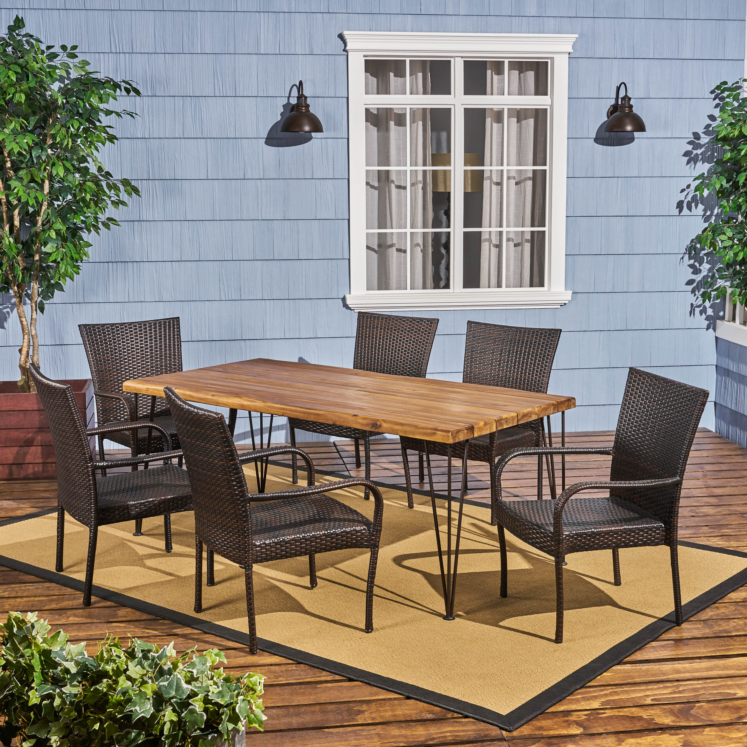 Rhys Outdoor Rustic Wood & Wicker Dining Set - furnishings