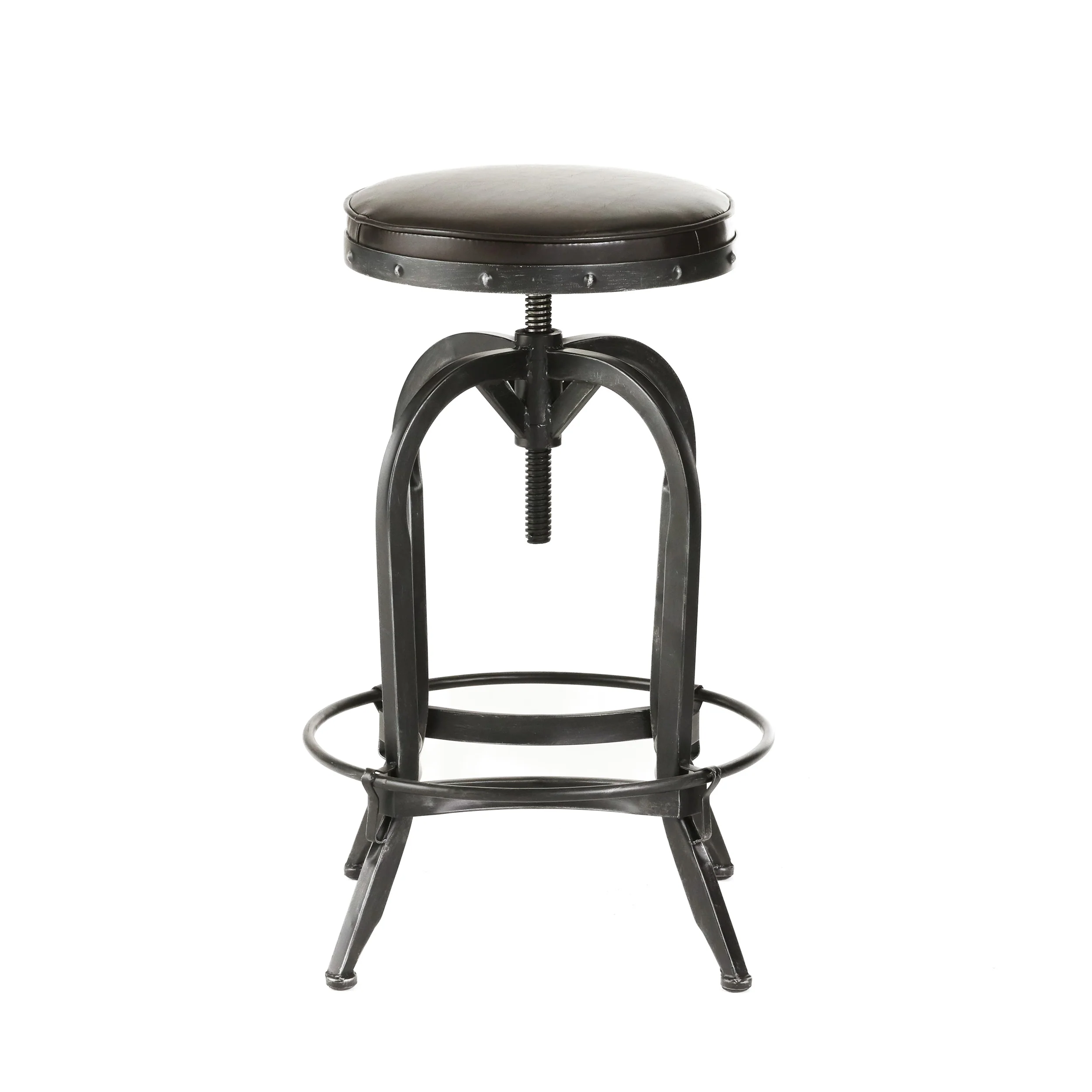 Dempsey Padded Brown Leather Iron Adjustable Swivel Bar Stool - furnishings