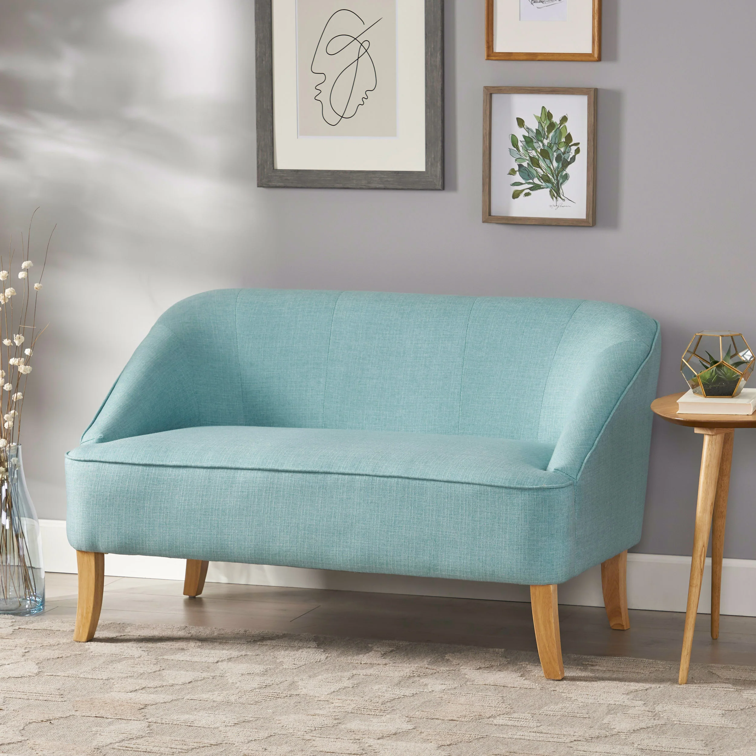 Jasper Mid-Century Modern Fabric Upholstered Shell Loveseat w/ Channel Stitching - furnishings