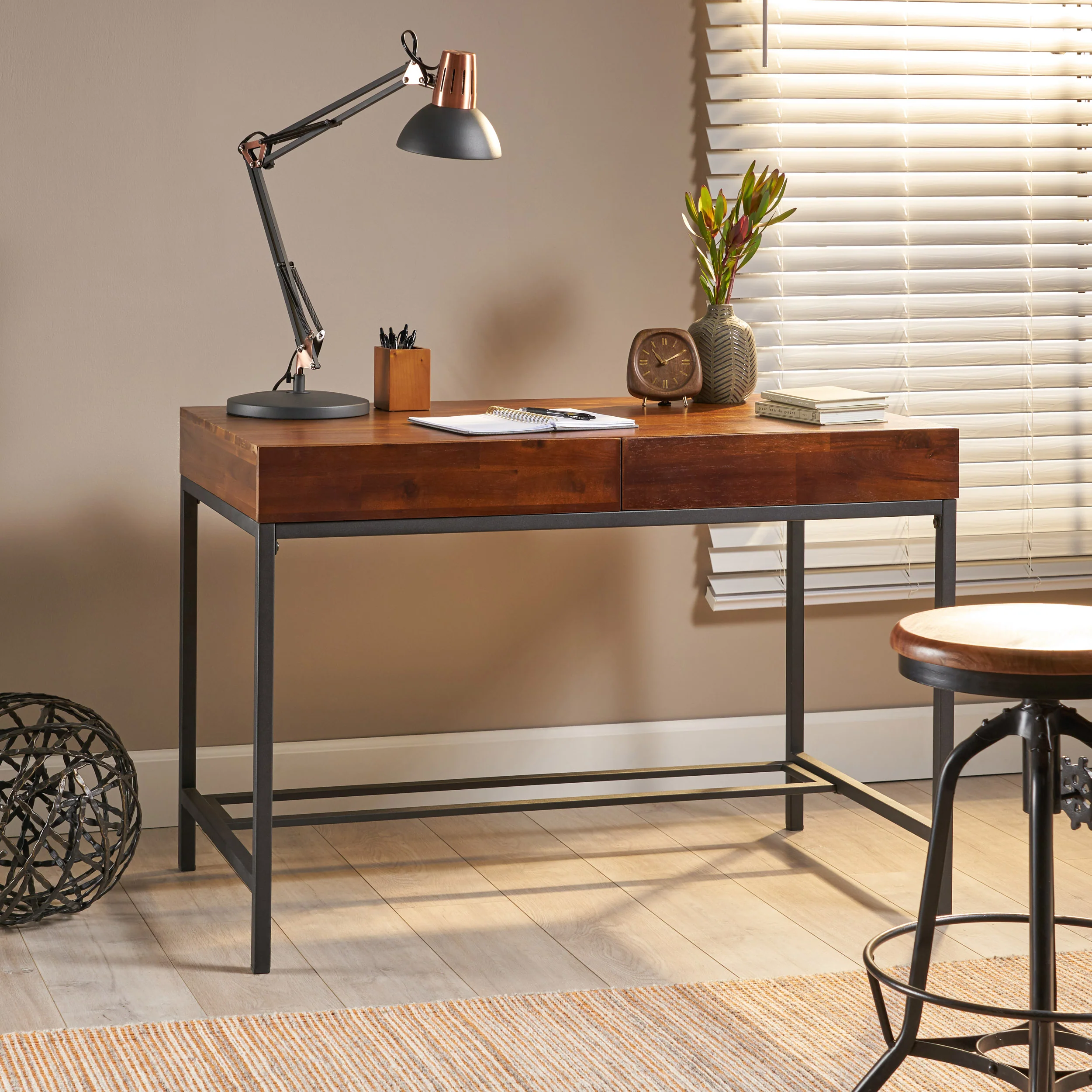 Elrod Industrial Dark Oak Acacia Wood Storage Desk with Rustic Metal Iron Accent - furnishings