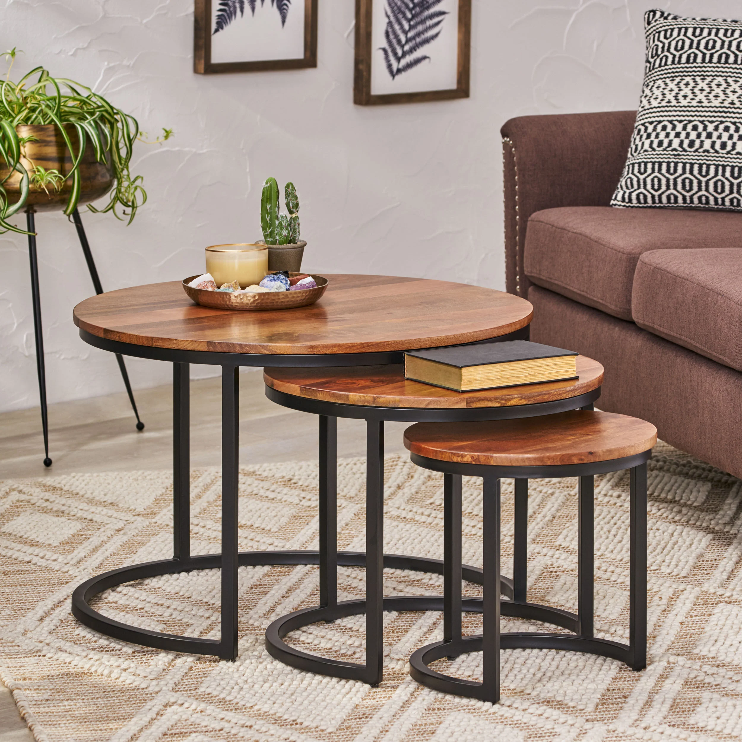 Tignall Modern Industrial Handcrafted Mango Wood Nested Tables (Set of 3), Honey Brown and Black - furnishings