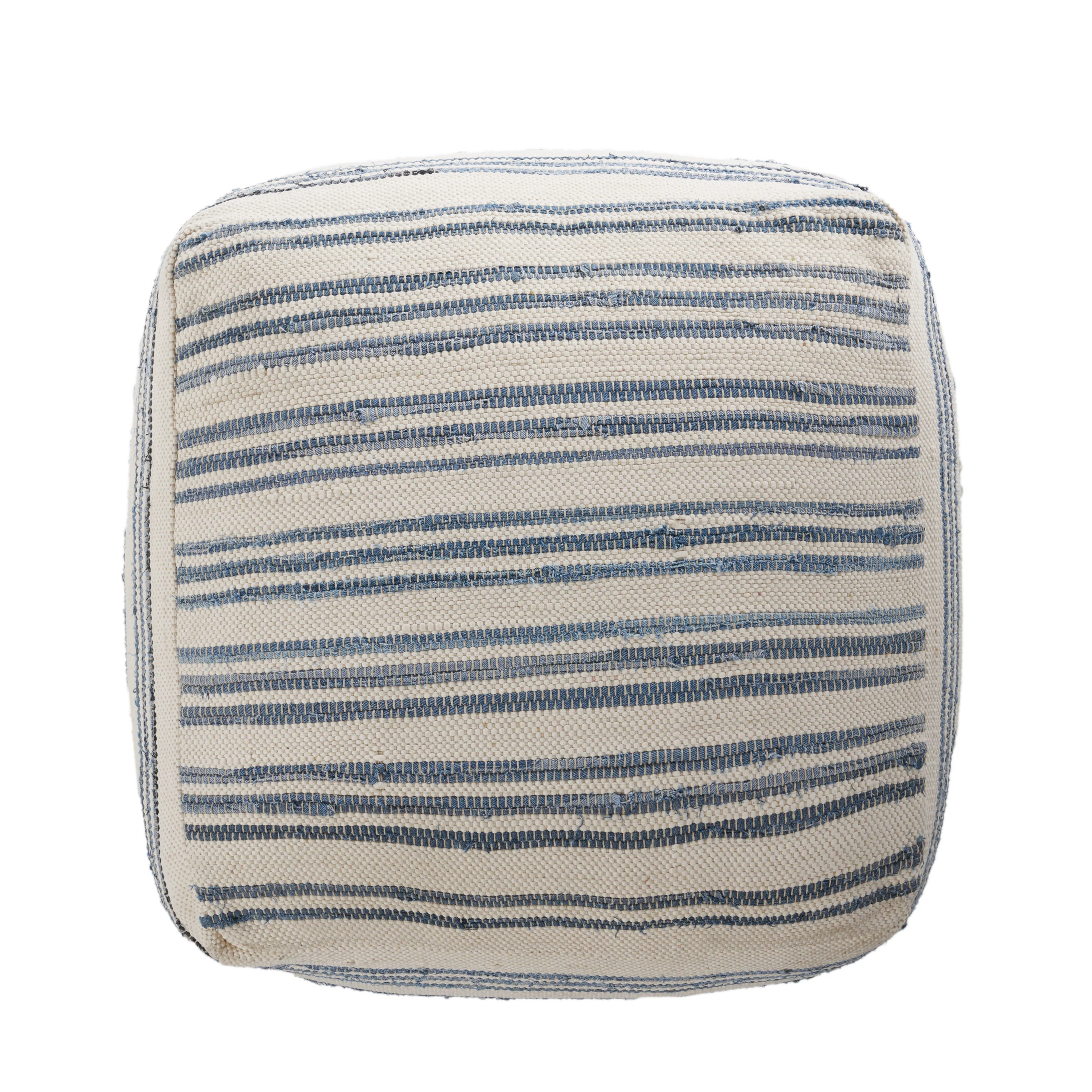 Althea Large Square Casual Pouf, Boho, Blue and White Recycled Denim and Chindi - furnishings