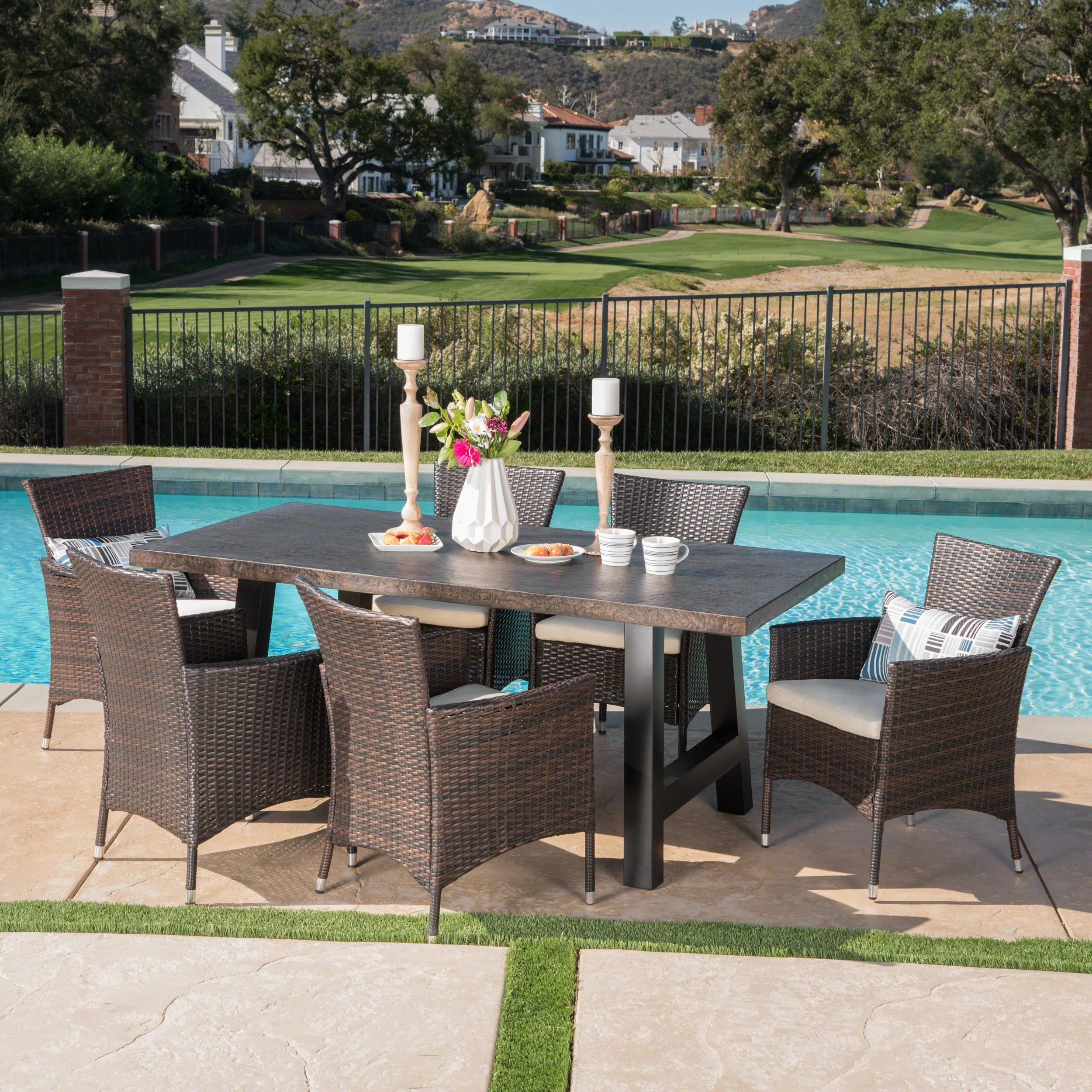 Muriel Outdoor 7 Piece Wicker Dining Set with Light Weight Concrete Dining Table - furnishings