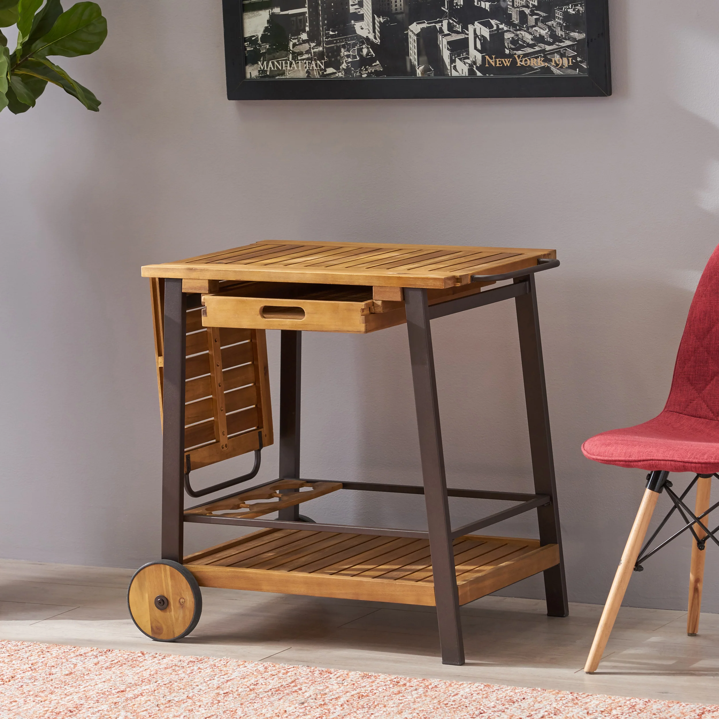 Michaela Indoor Acacia Wood Bar Cart with Reversible Drawers Adjustable Tray Top and Wine Bottle Holders - furnishings