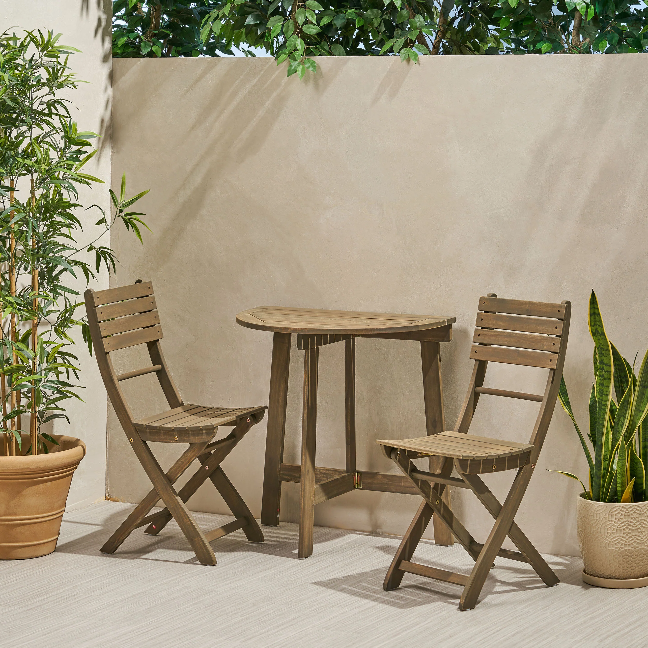 Sophia Outdoor 2 Seater Half-Round Acacia Wood Bistro Table Set with Folding Chairs - furnishings