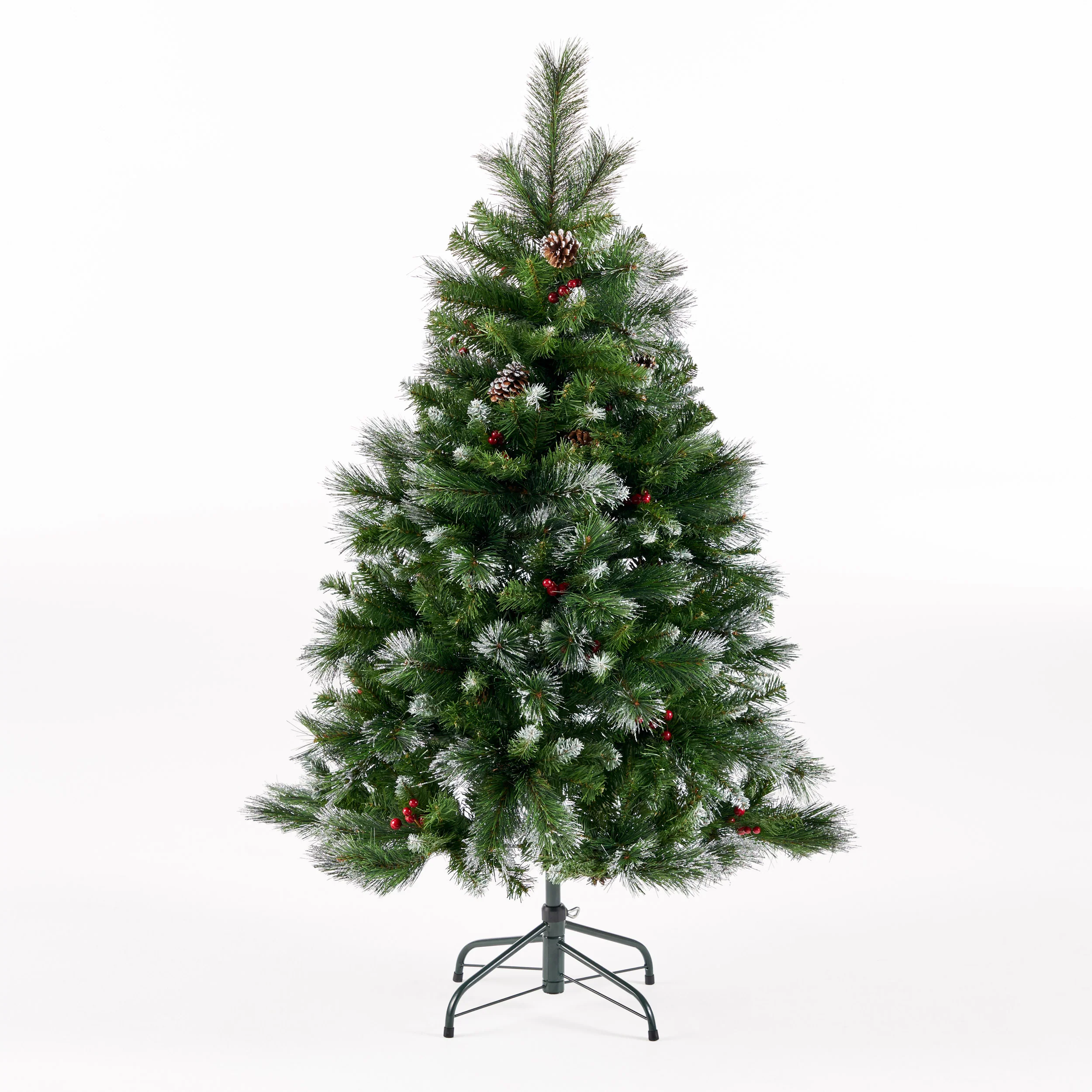 4.5-foot Mixed Spruce Hinged Artificial Christmas Tree with Glitter Branches, Red Berries, and Pinecones - furnbro