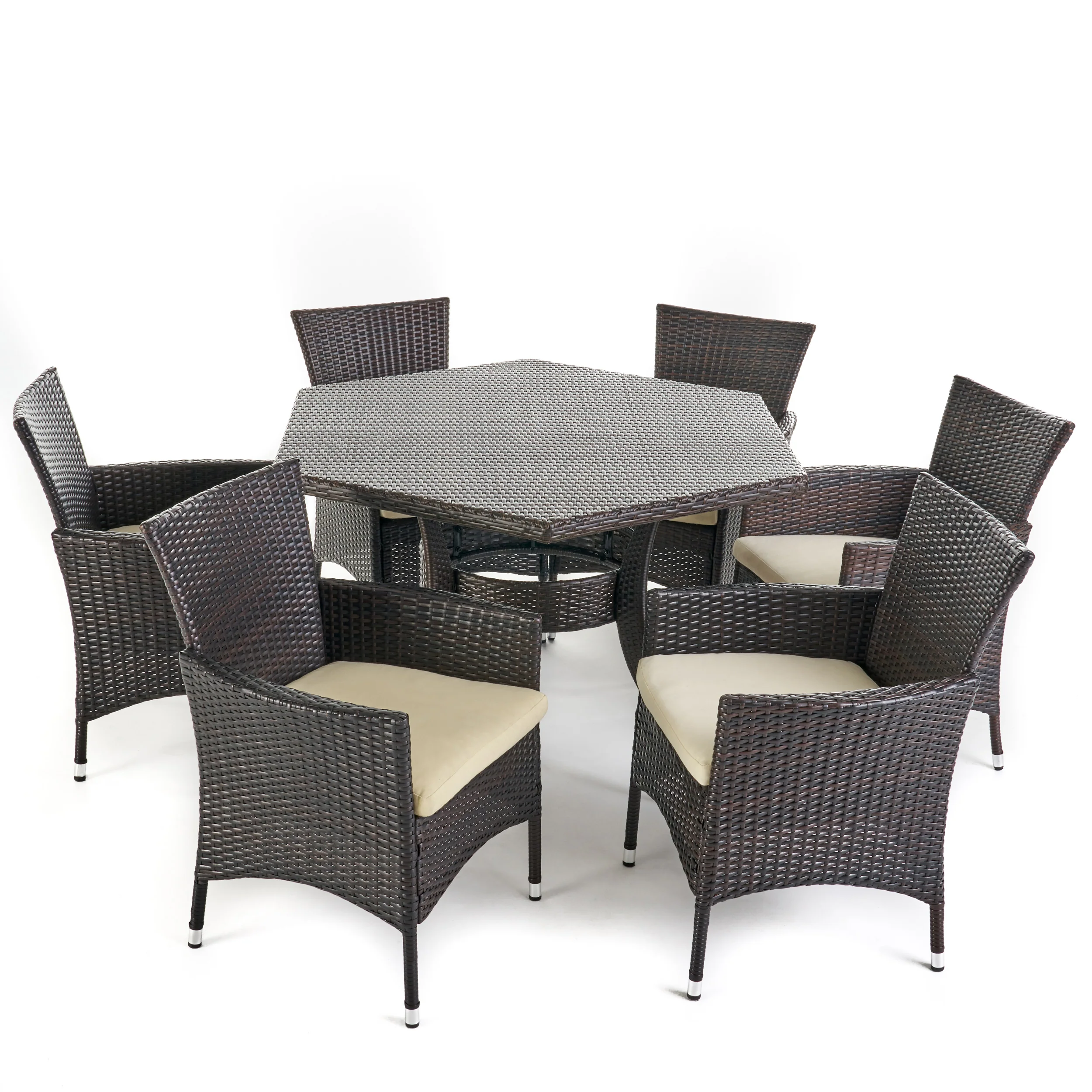 Delilah Outdoor 7 Piece Wicker Hexagon Dining Set with Stacking Chairs - furnishings