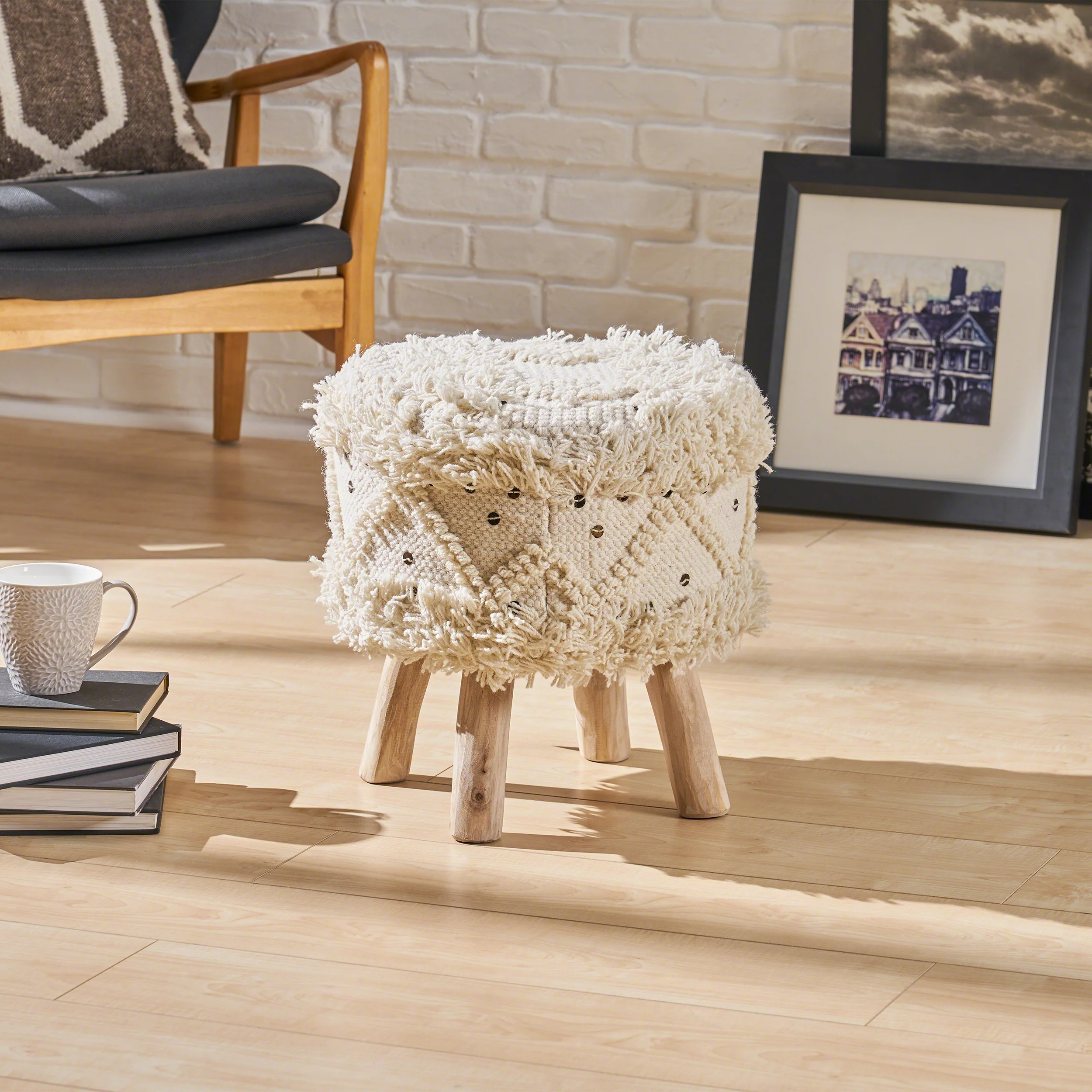 Edene Handcrafted Boho Fabric Stool with Metal Accents - furnishings