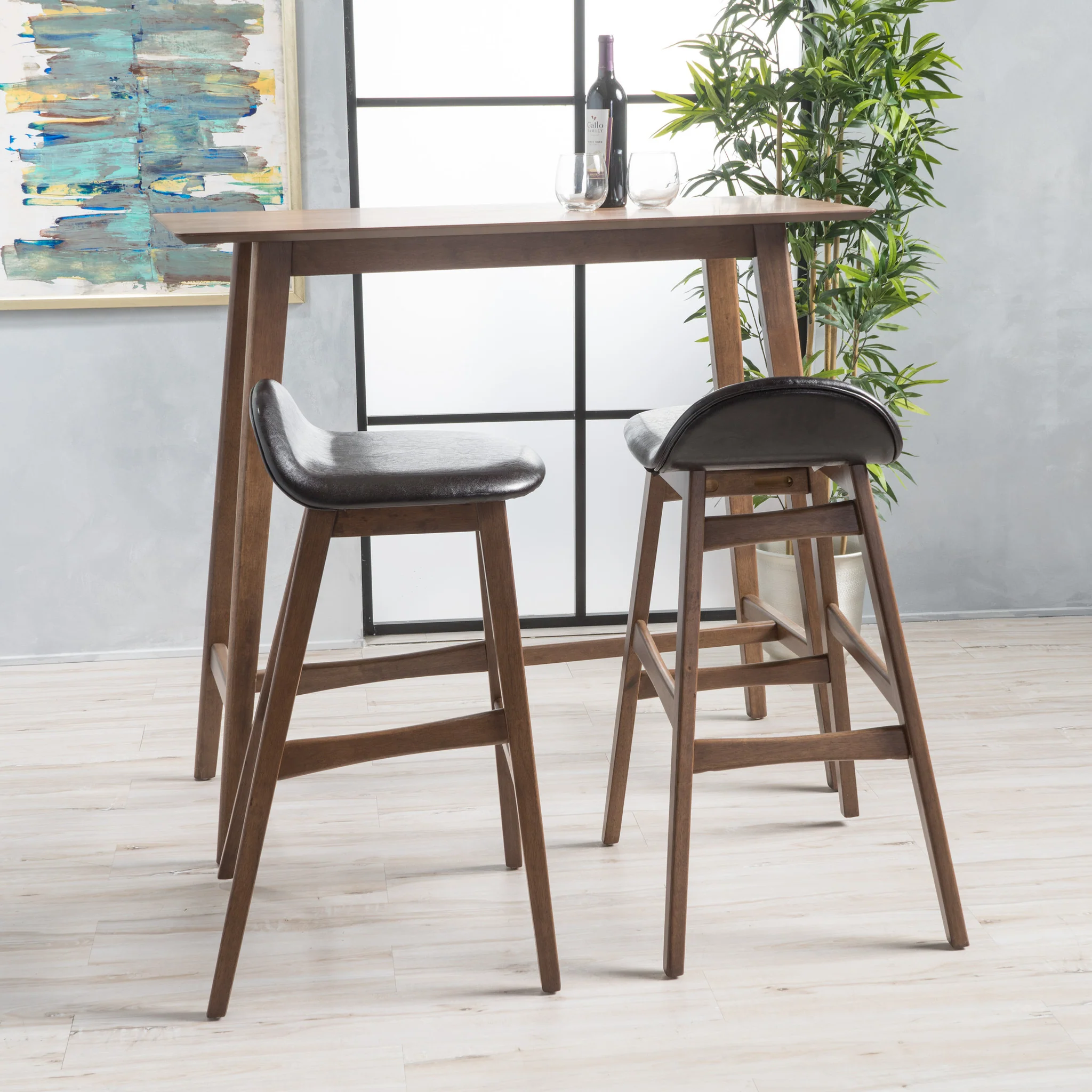 Margaret Mid-Century Modern 3 Piece Wood Finish Bar Set with Upholstered Seating - furnishings