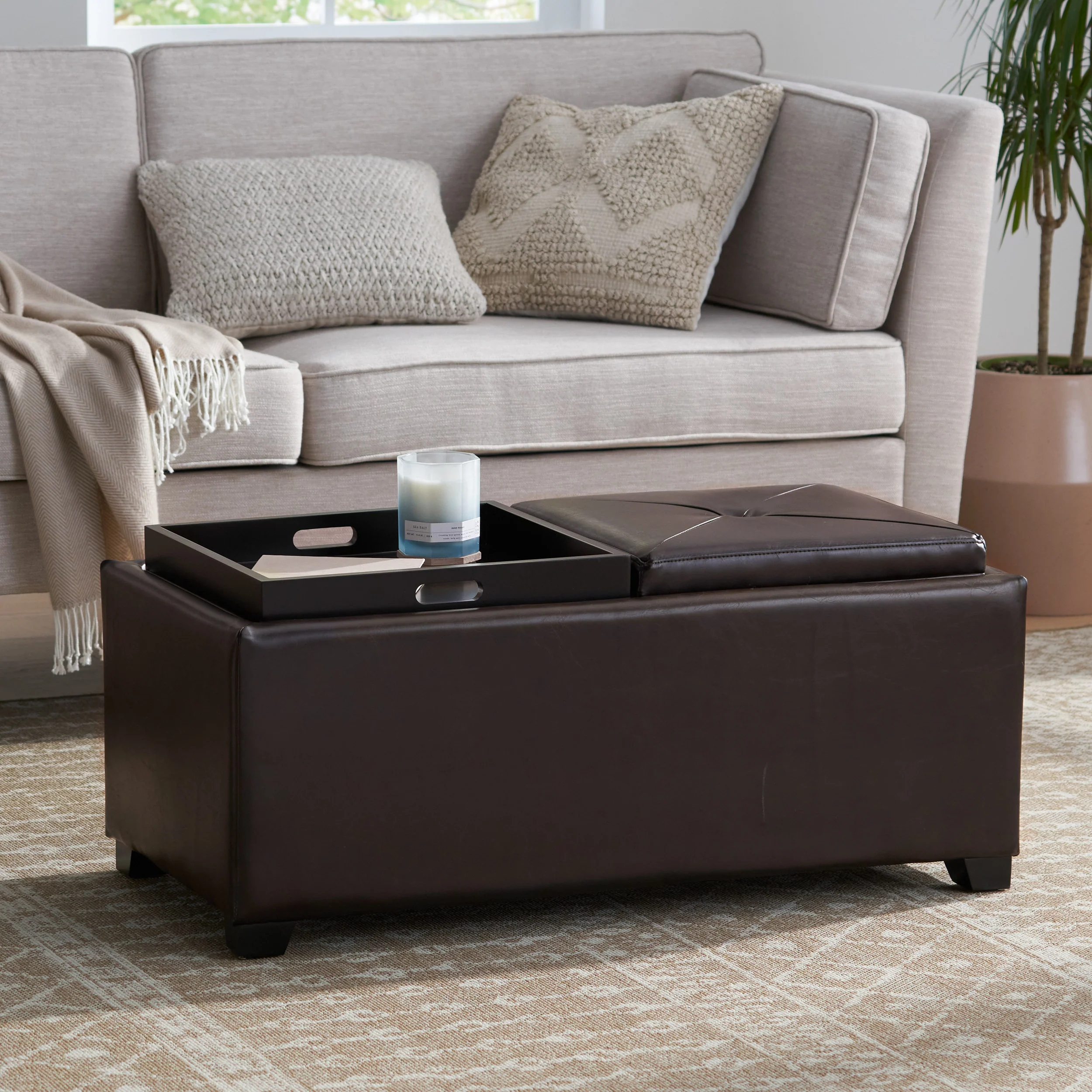 Contemporary Rectangular Storage Ottoman Leather 2-Tray-Top Coffee Table - furnishings