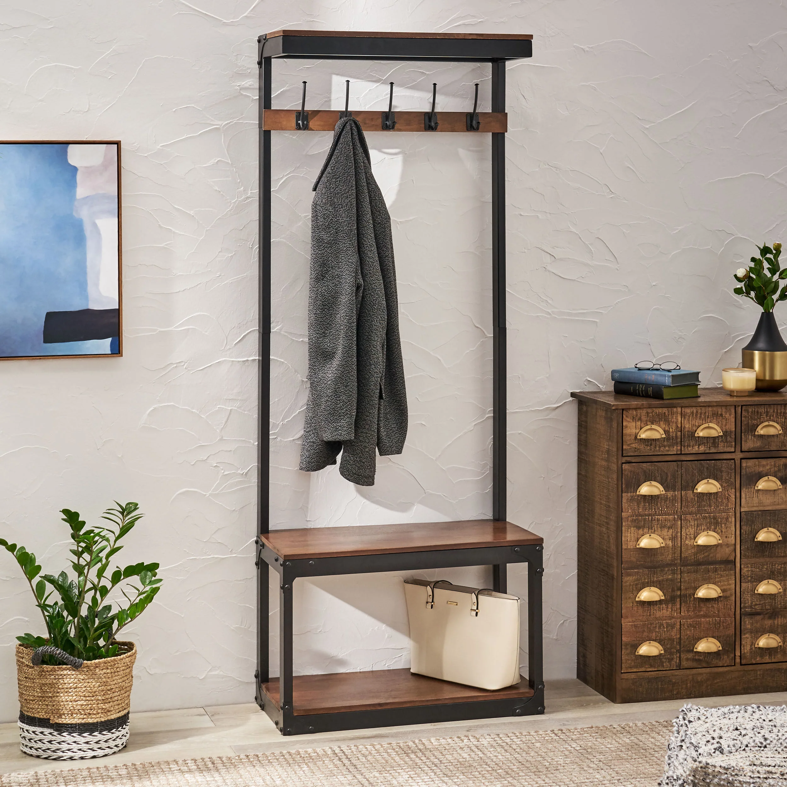Chafin Willards Modern Industrial Handcrafted Mango Wood Coat Rack with Bench, Cafe Brown and Black - furnishings