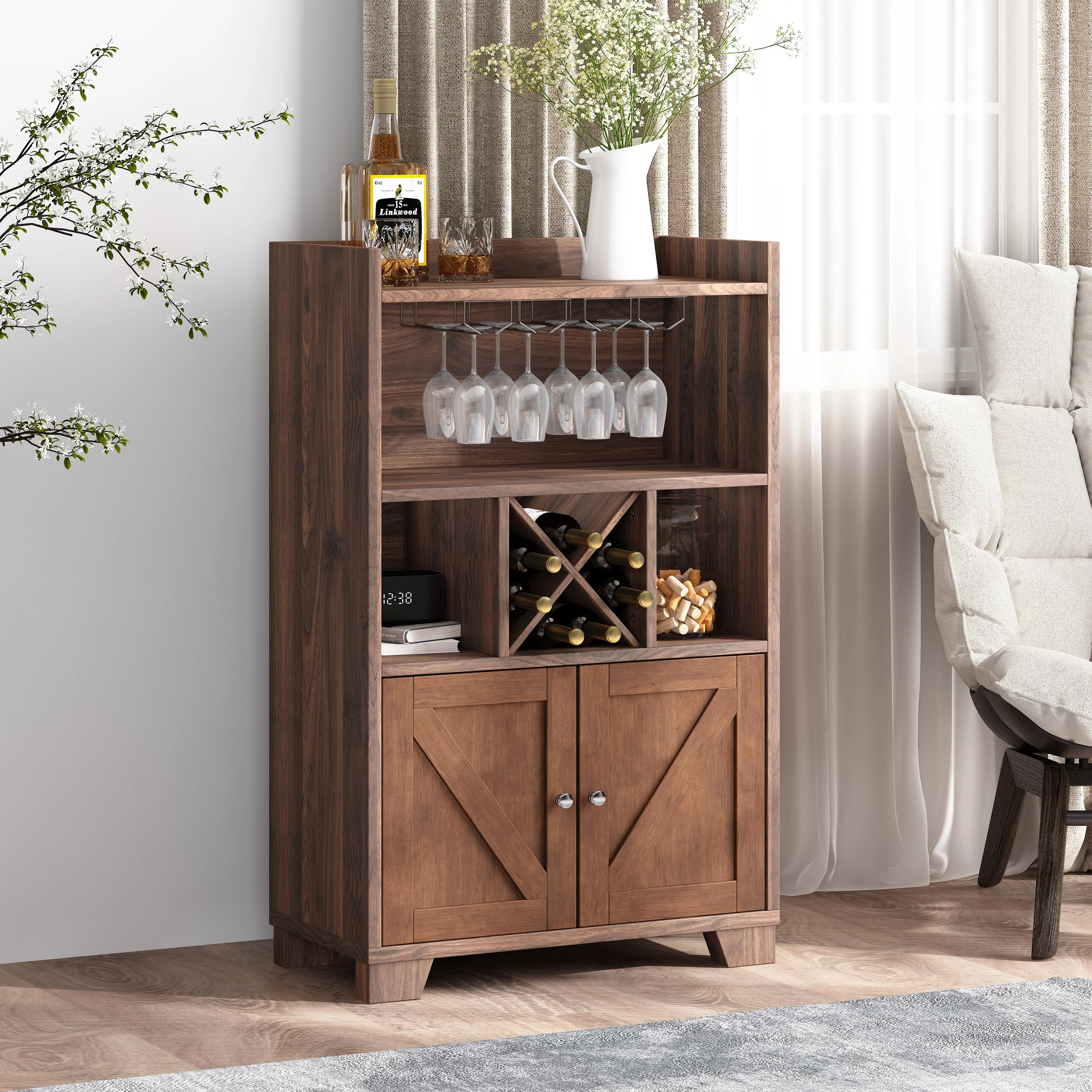 Newell Farmhouse Wooden 4 Bottle Wine Cabinet, Walnut and Dark Brown - furnishings