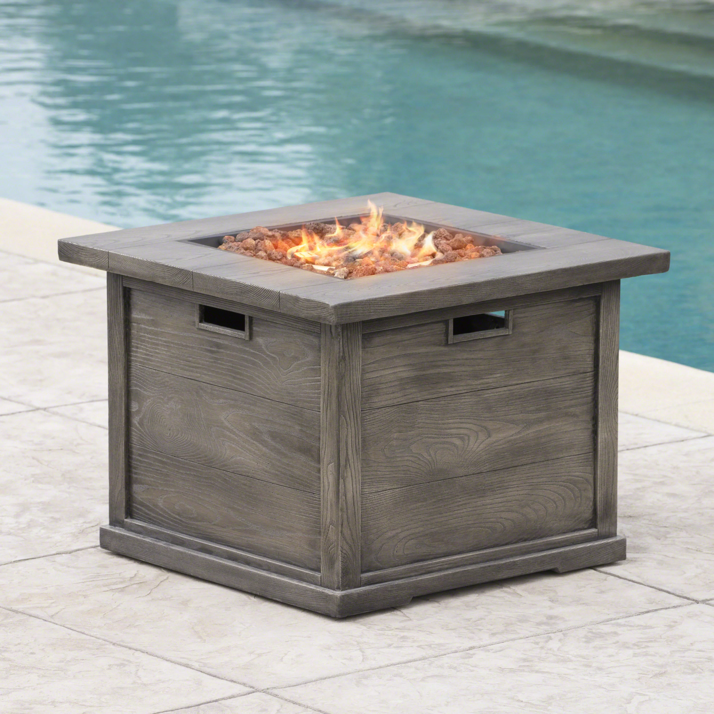 Ellesmere Outdoor Wood Patterned Square Gas Fire Pit - furnishings