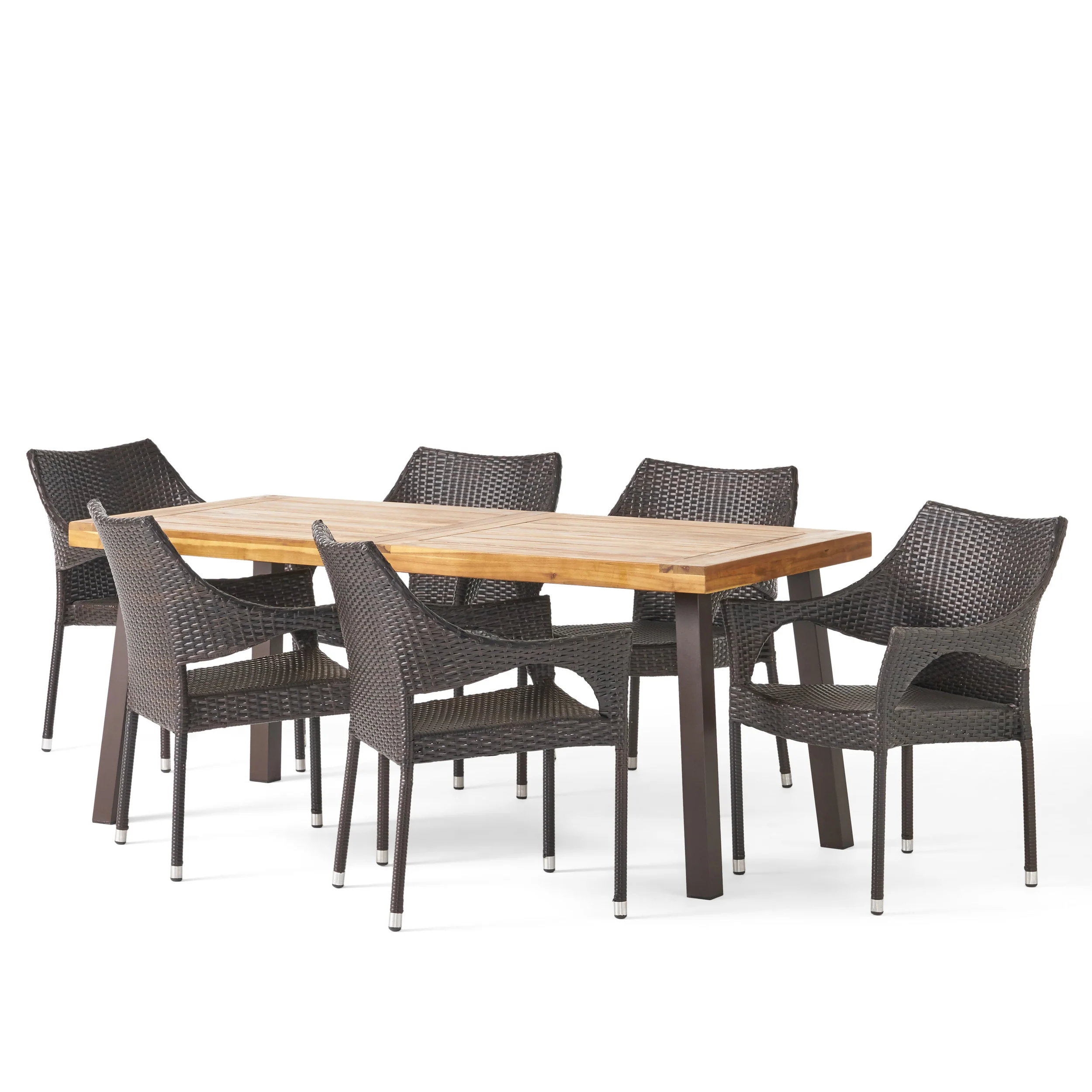 Jerome Outdoor 7 Piece Acacia Wood/ Wicker Dining Set, Teak Finish and Multibrown - furnishings