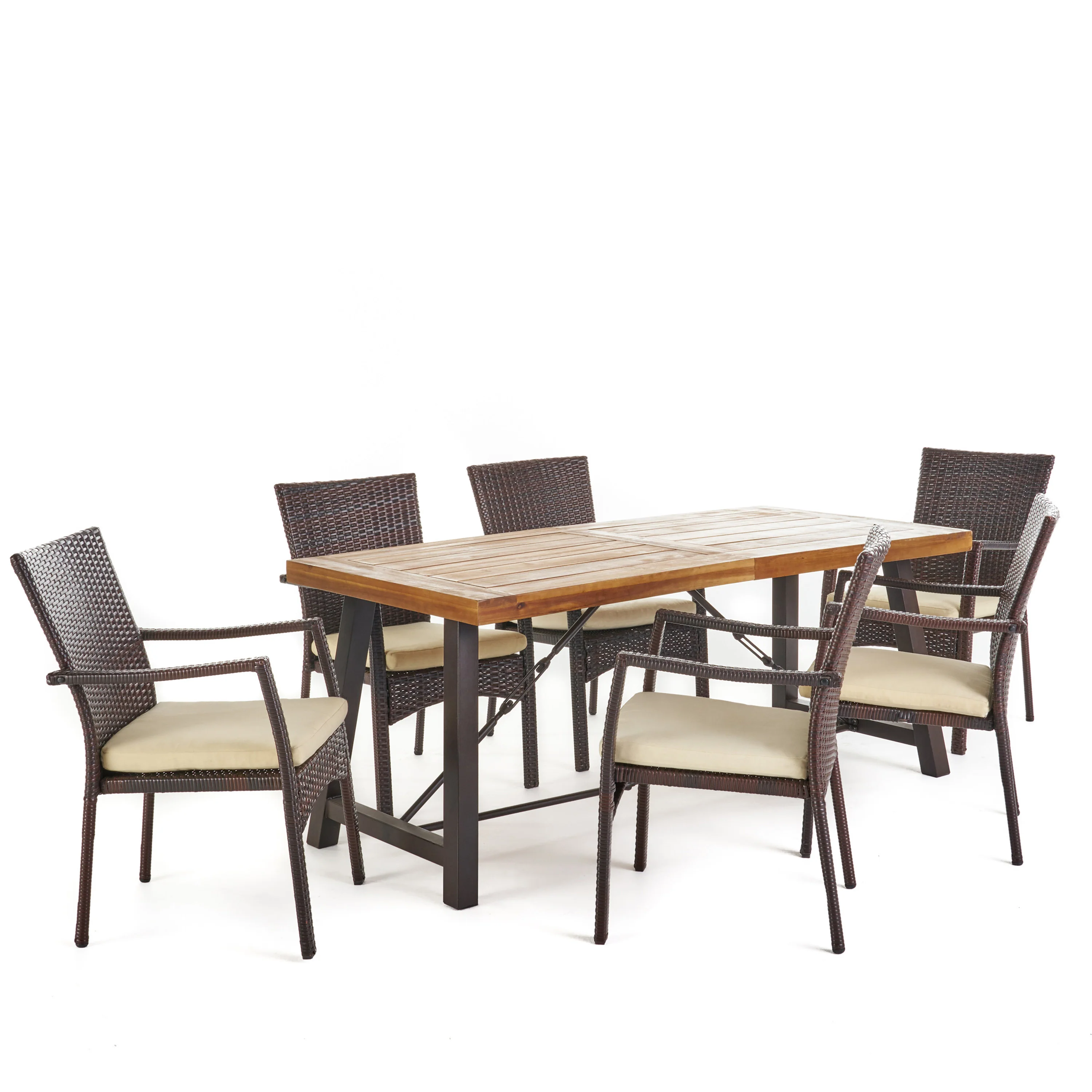 Landon Outdoor 7 Piece Dining Set with Teak Finished Wood Table and Brown Chairs - furnishings