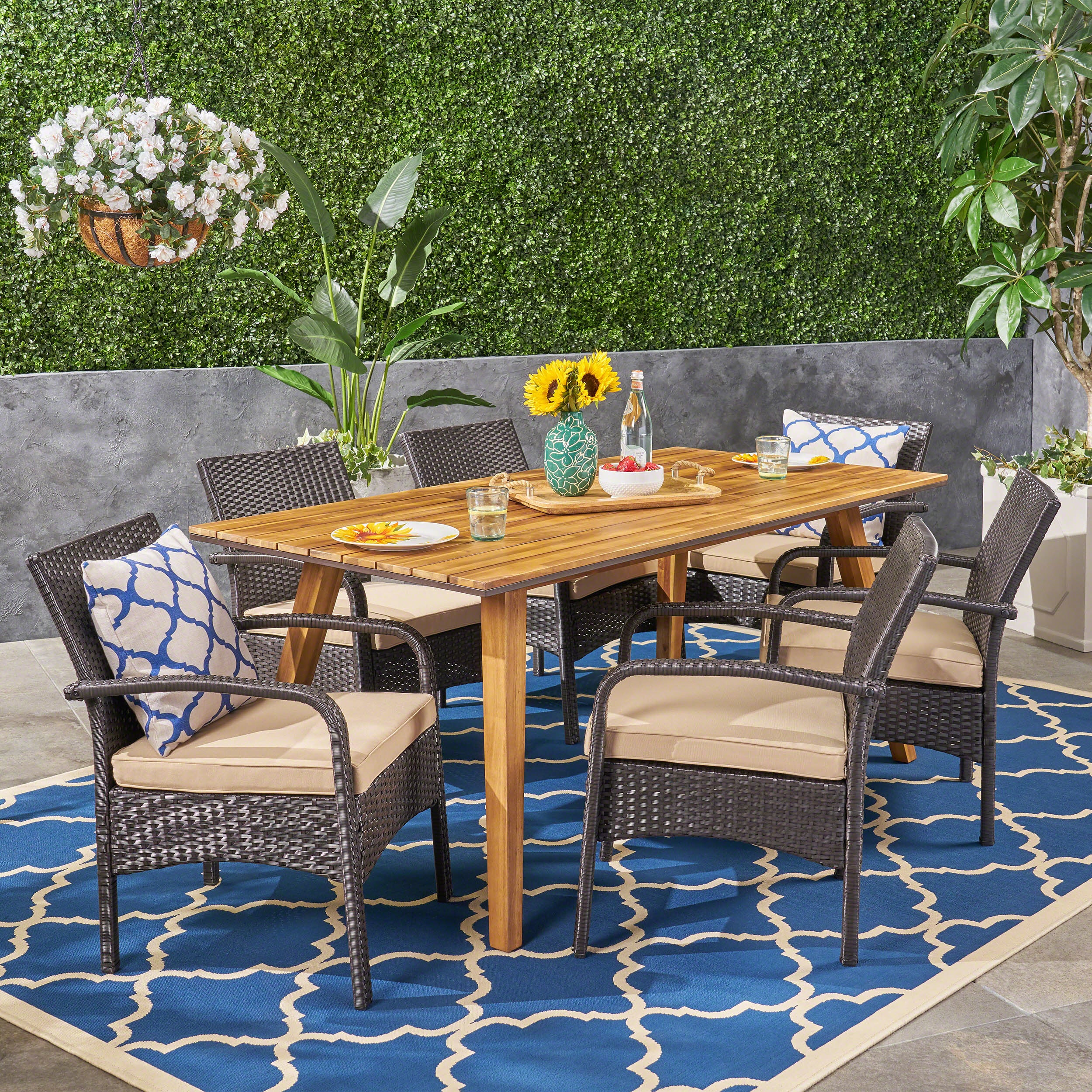 Elizabeth Outdoor 7 Piece Acacia Wood Dining Set with Wicker Chairs, Teak and Brown and Tan - furnishings