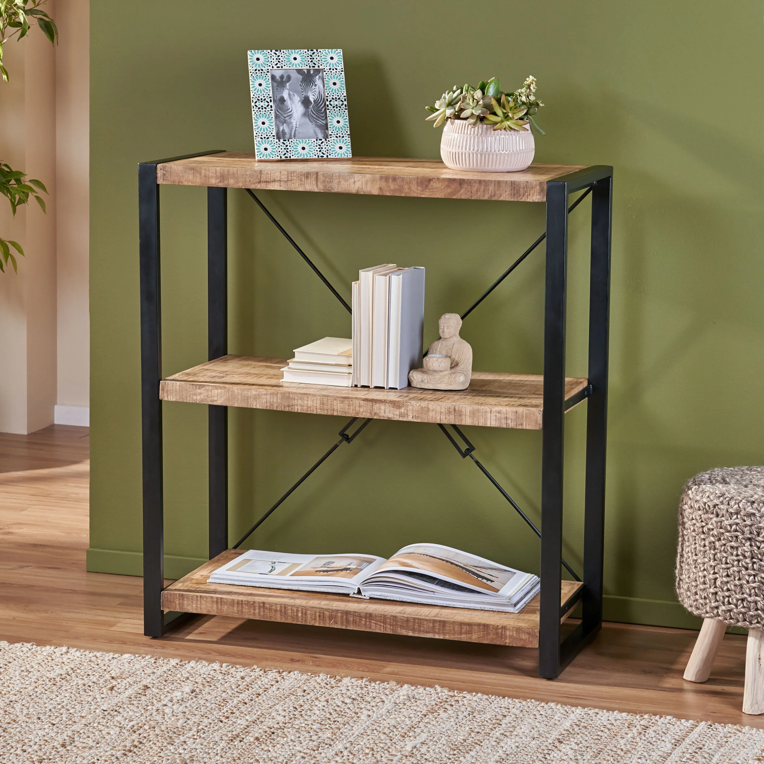 Warthen Brinkley Modern Industrial Handcrafted 3 Shelf Mango Wood Shelving Unit, Natural and Black - furnishings