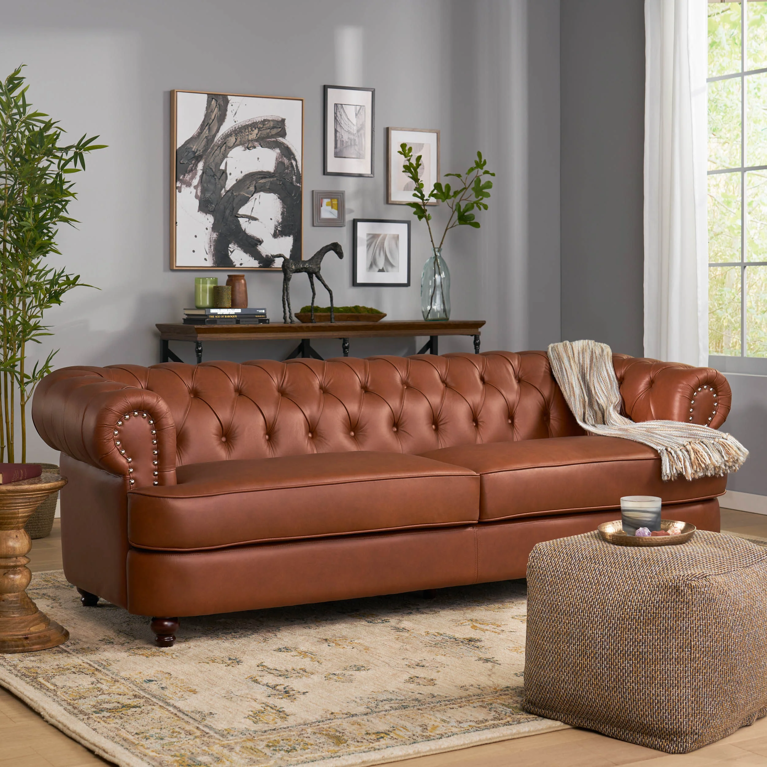 Saley Contemporary Leather Tufted 3 Seater Sofa with Nailhead Trim - furnishings