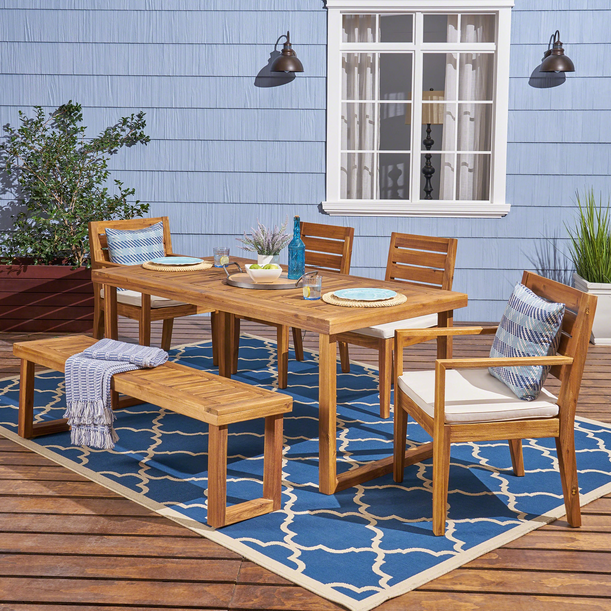 Eric Outdoor 6-Seater Acacia Wood Dining Set with Bench - furnishings