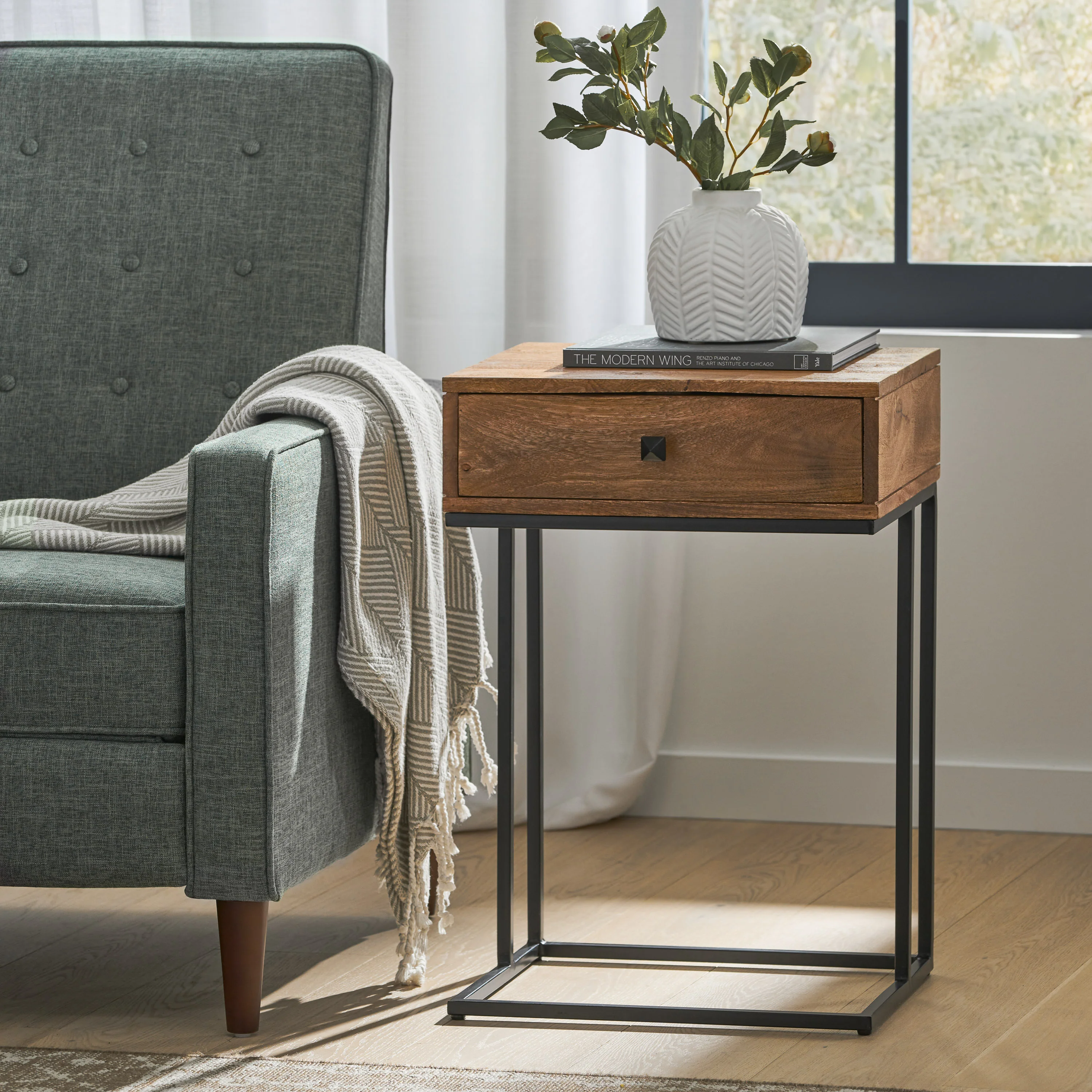 Wickson Modern Industrial Handmade Mango Wood C-Shaped Side Table with Drawer, Natural and Black - furnishings