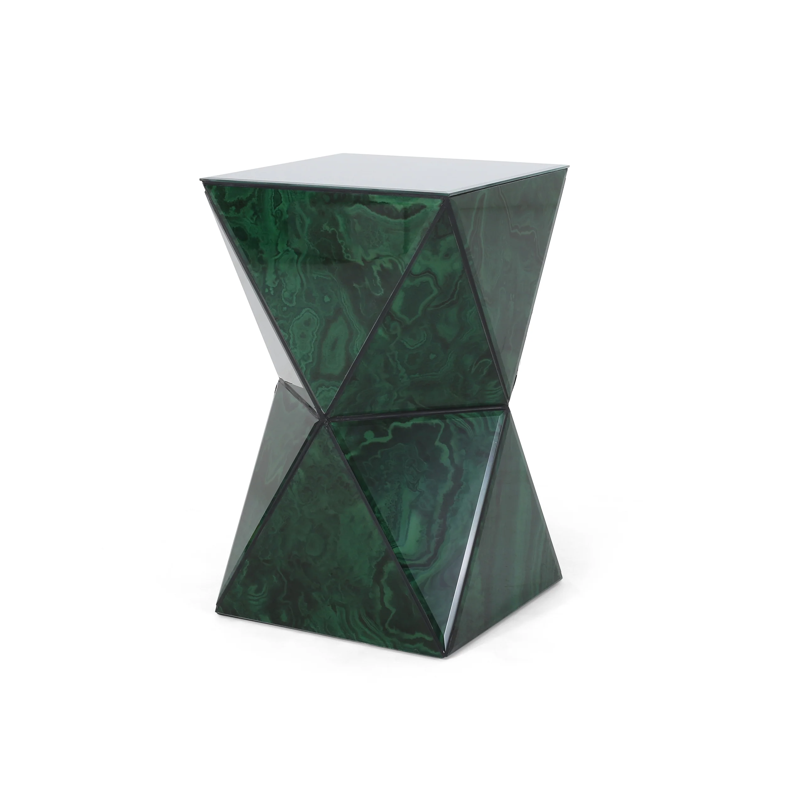 Larry Tempered Glass Hourglass Side Table, Malachite Finish - furnishings