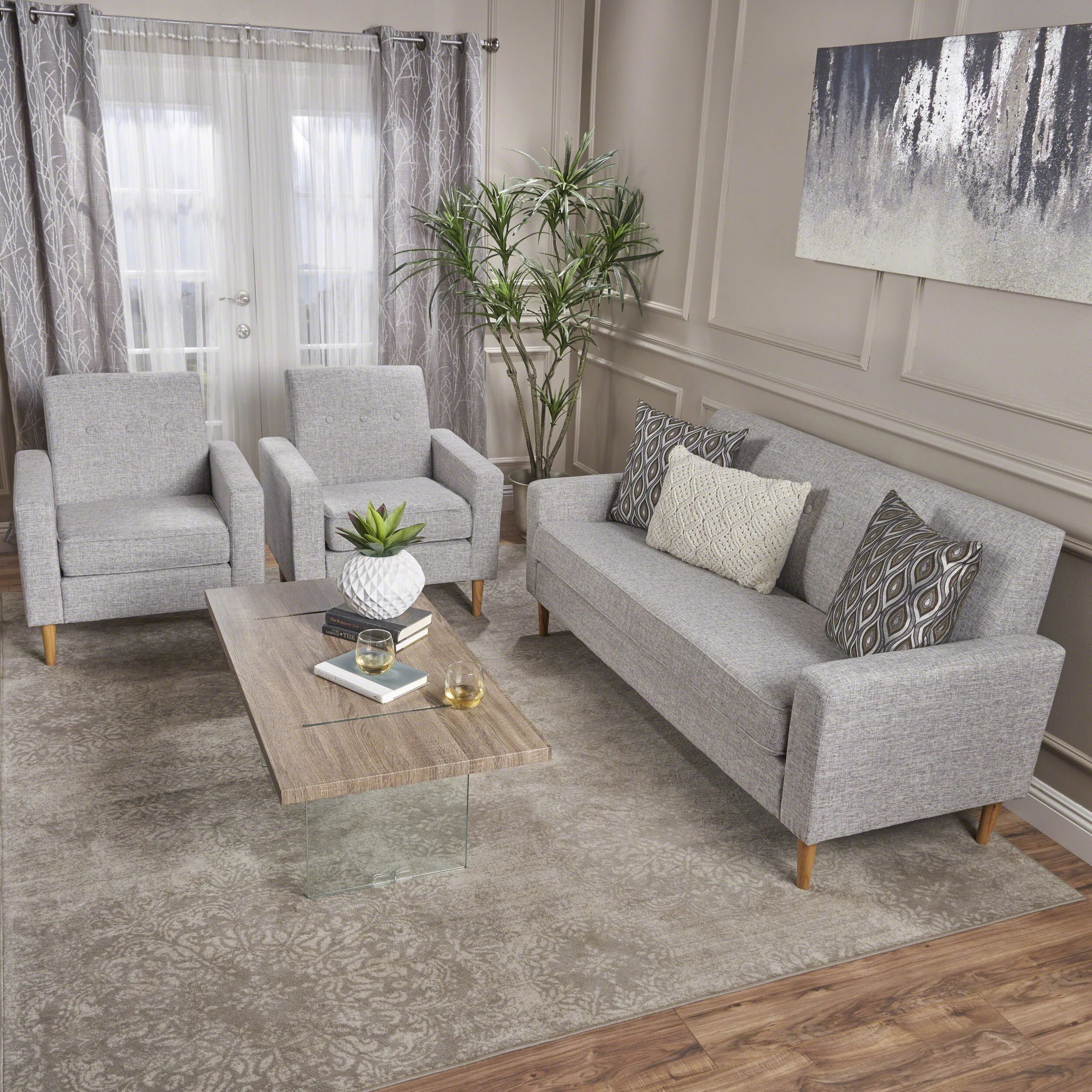 Stratford Mid-Century Modern 3-Piece Fabric Chairs & Sofa Living Room Set - furnishings