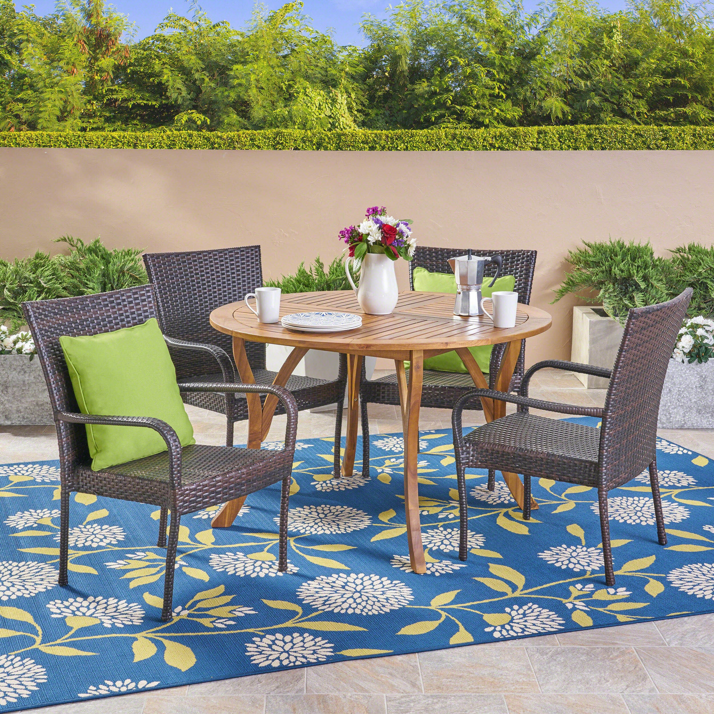 Lance Outdoor 5 Piece Acacia Wood and Wicker Dining Set - furnishings