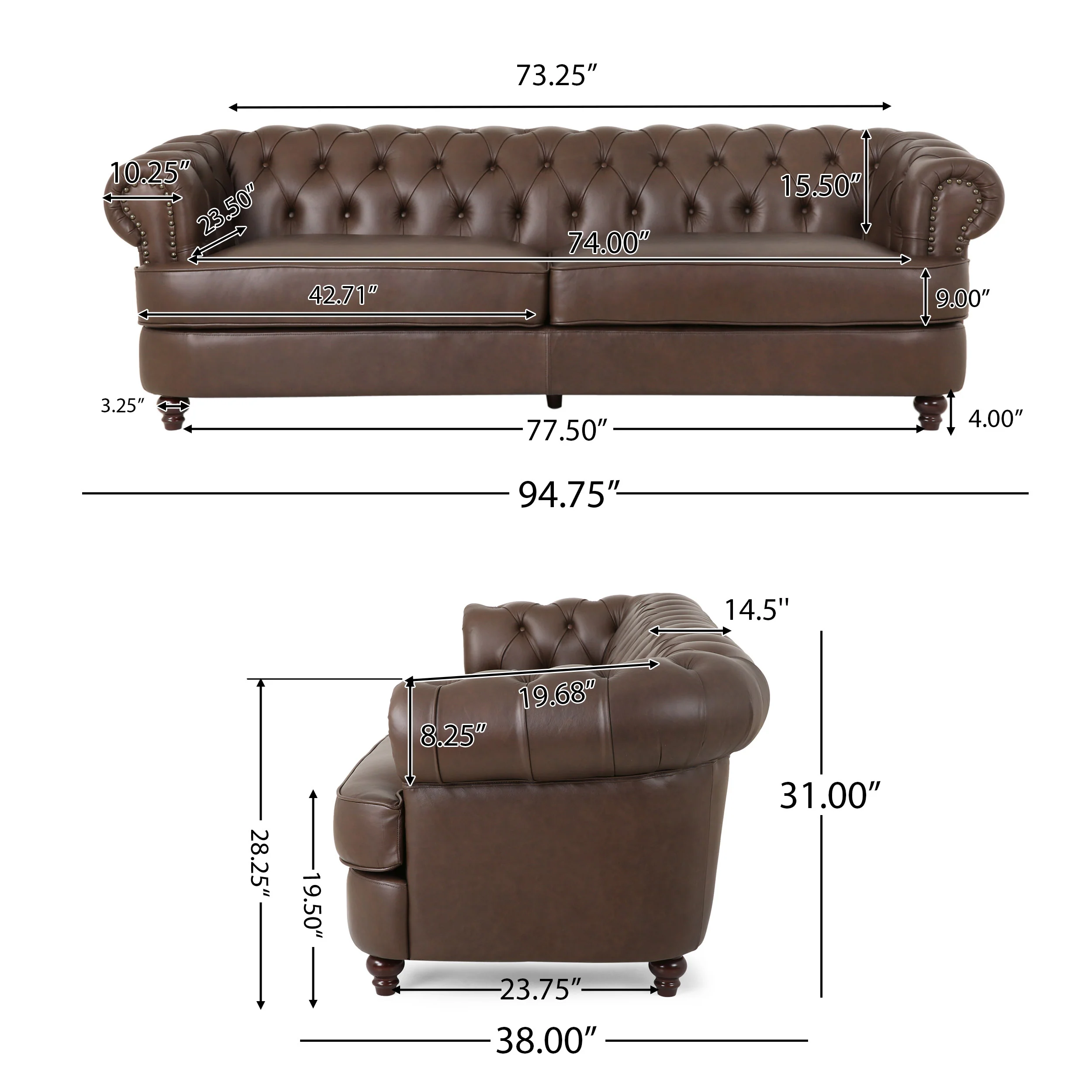 Saley Contemporary Leather Tufted 3 Seater Sofa with Nailhead Trim - furnishings