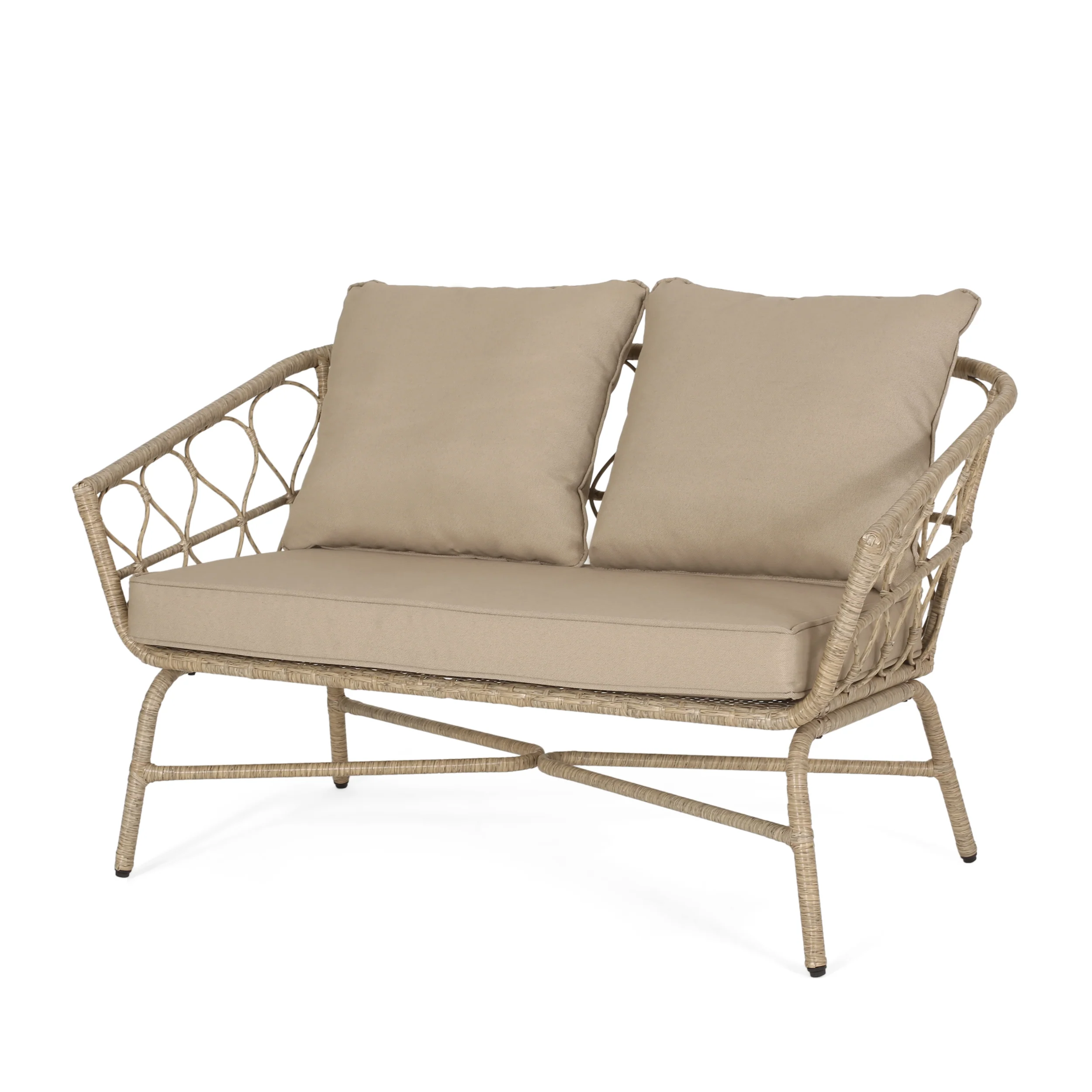 Colmar Outdoor Wicker Loveseat with Cushions, Light Brown and Beige - furnishings