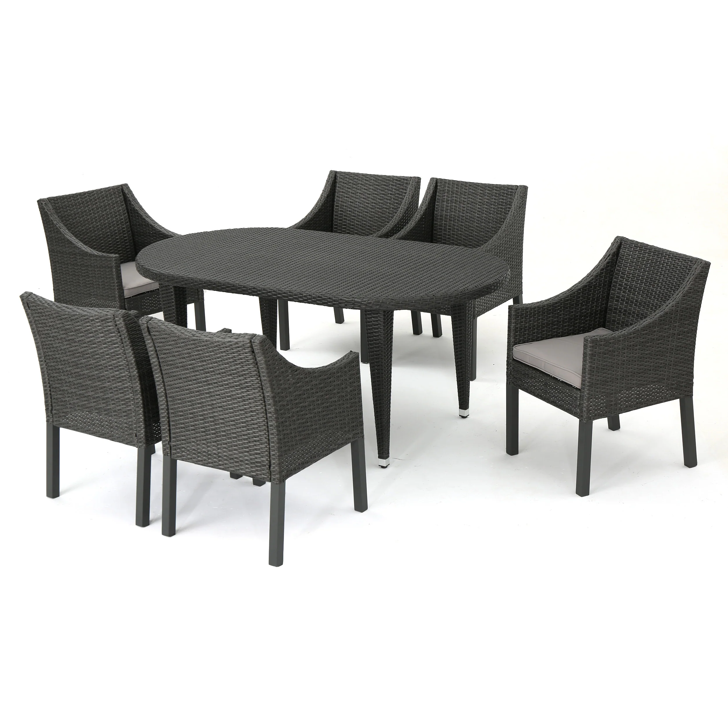 Nicholas Outdoor 7 Piece Wicker Oval Dining Set with Water Resistant Cushions - furnishings