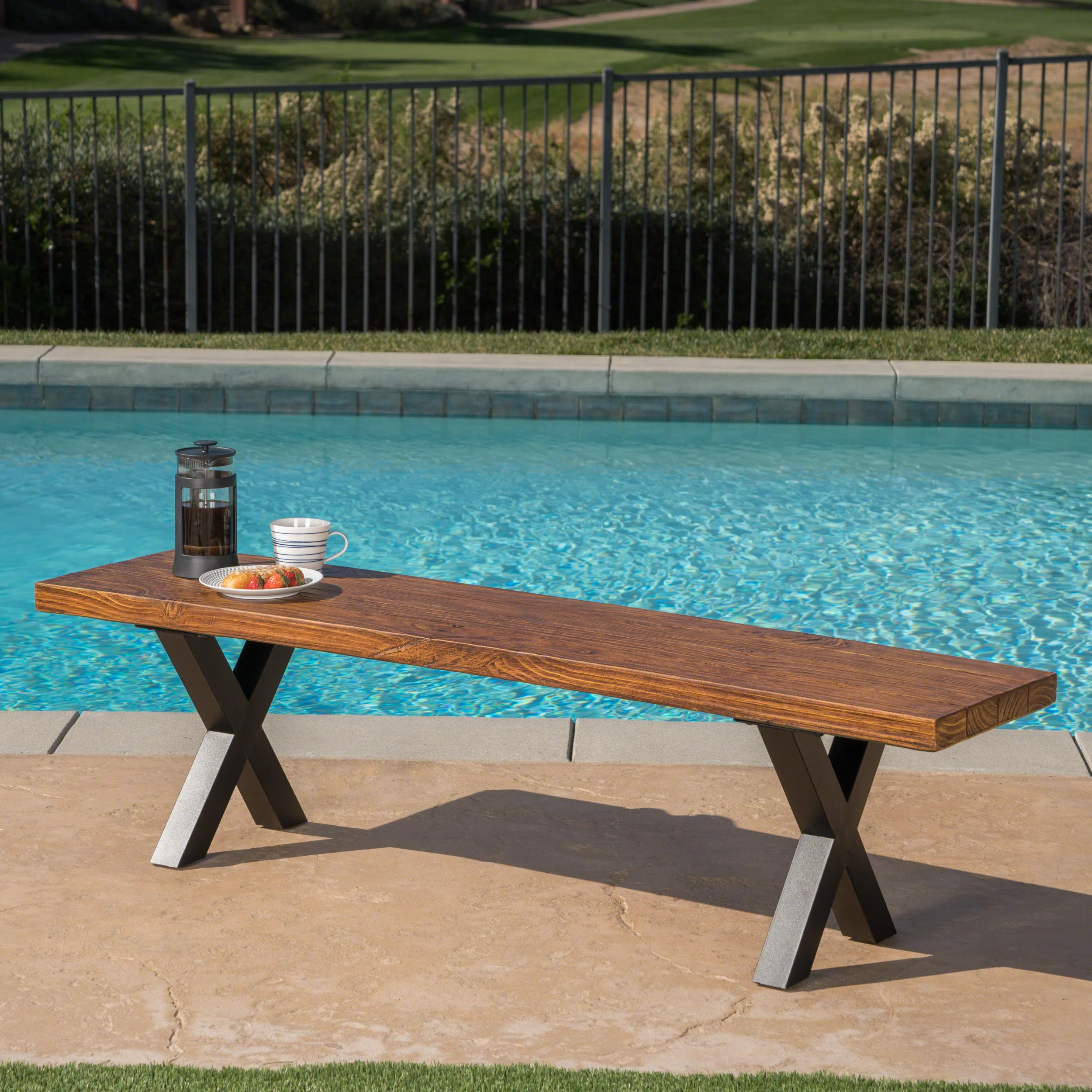Falah Outdoor Brown Walnut Finish Lightweight Concrete Dining Bench - furnishings