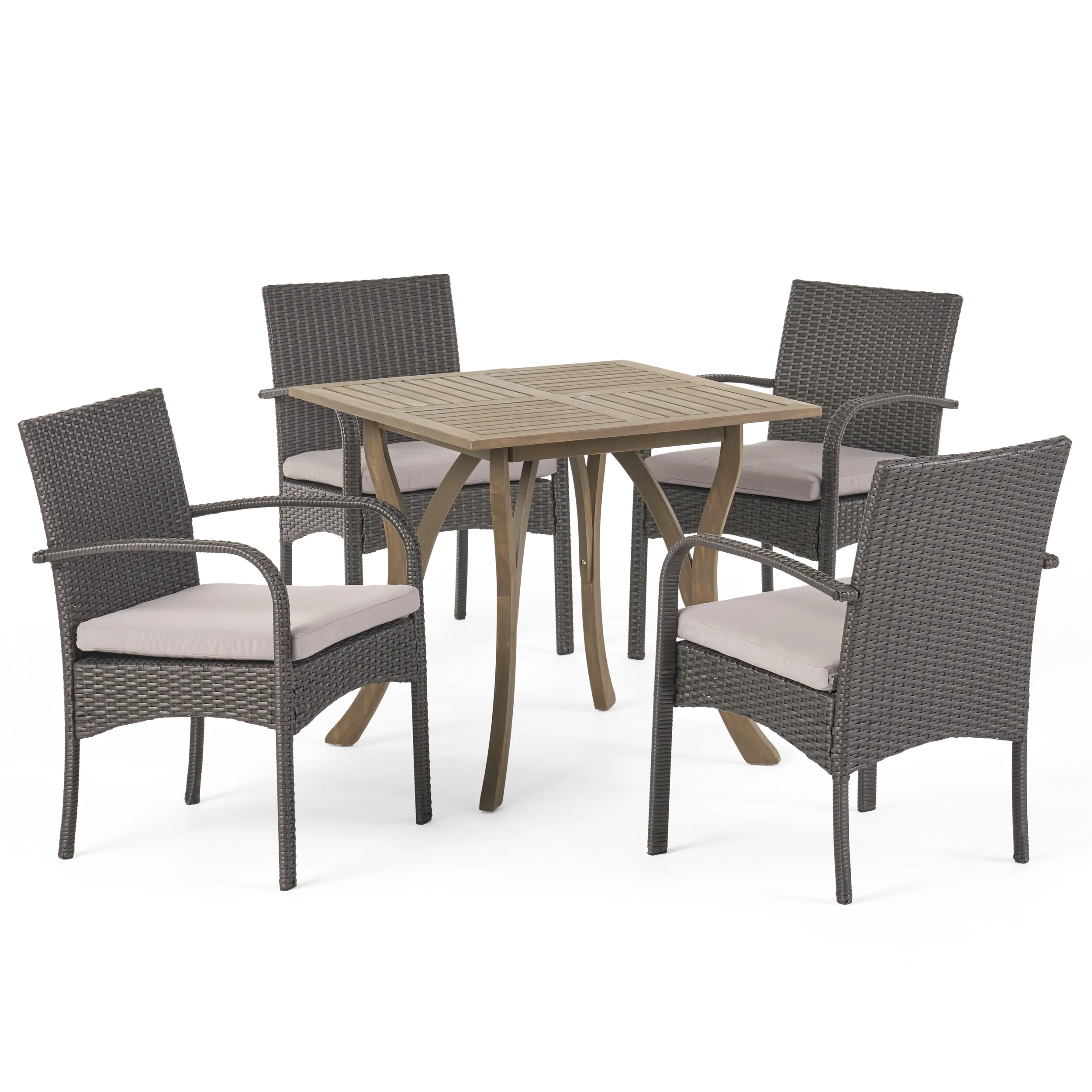 Derek Outdoor 5 Piece Wood and Wicker Square Dining Set, Gray and Gray - furnishings