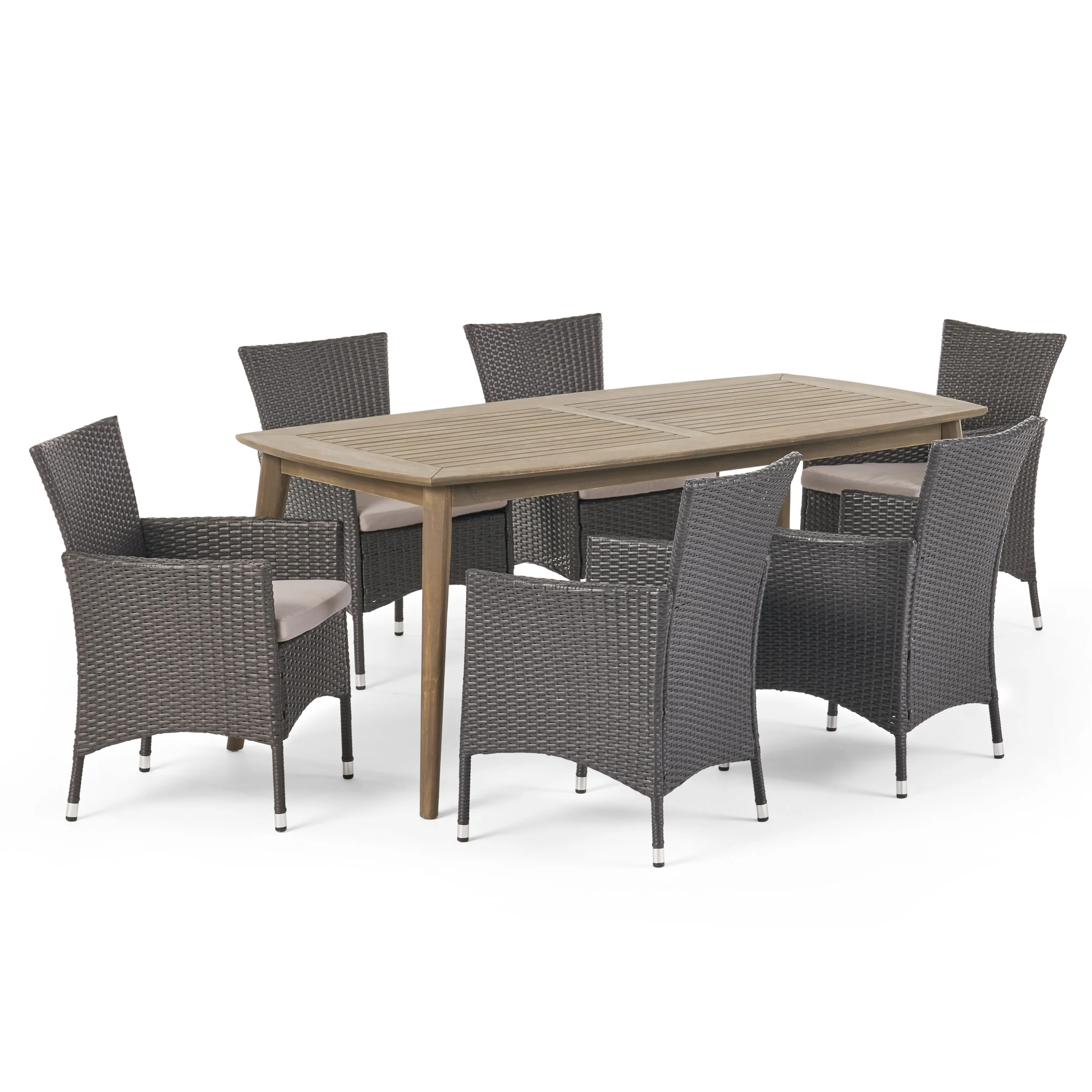 Jerzie Outdoor 7 Piece Wood and Wicker Dining Set, Gray and Gray - furnishings