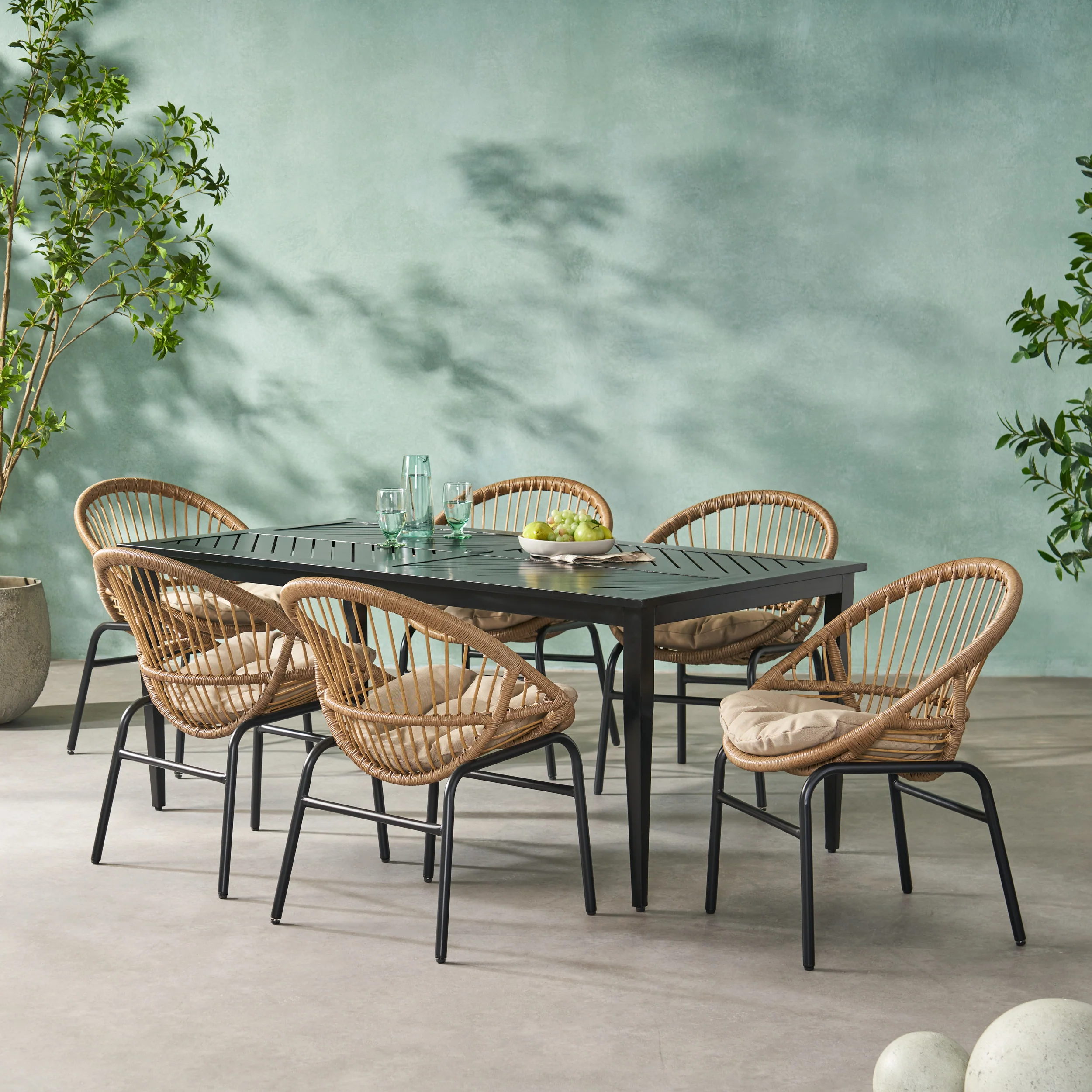 Dero Outdoor Wicker and Aluminum 7 Piece Dining Set with Cushion, Light Brown, Beige, and Matte Black - furnishings