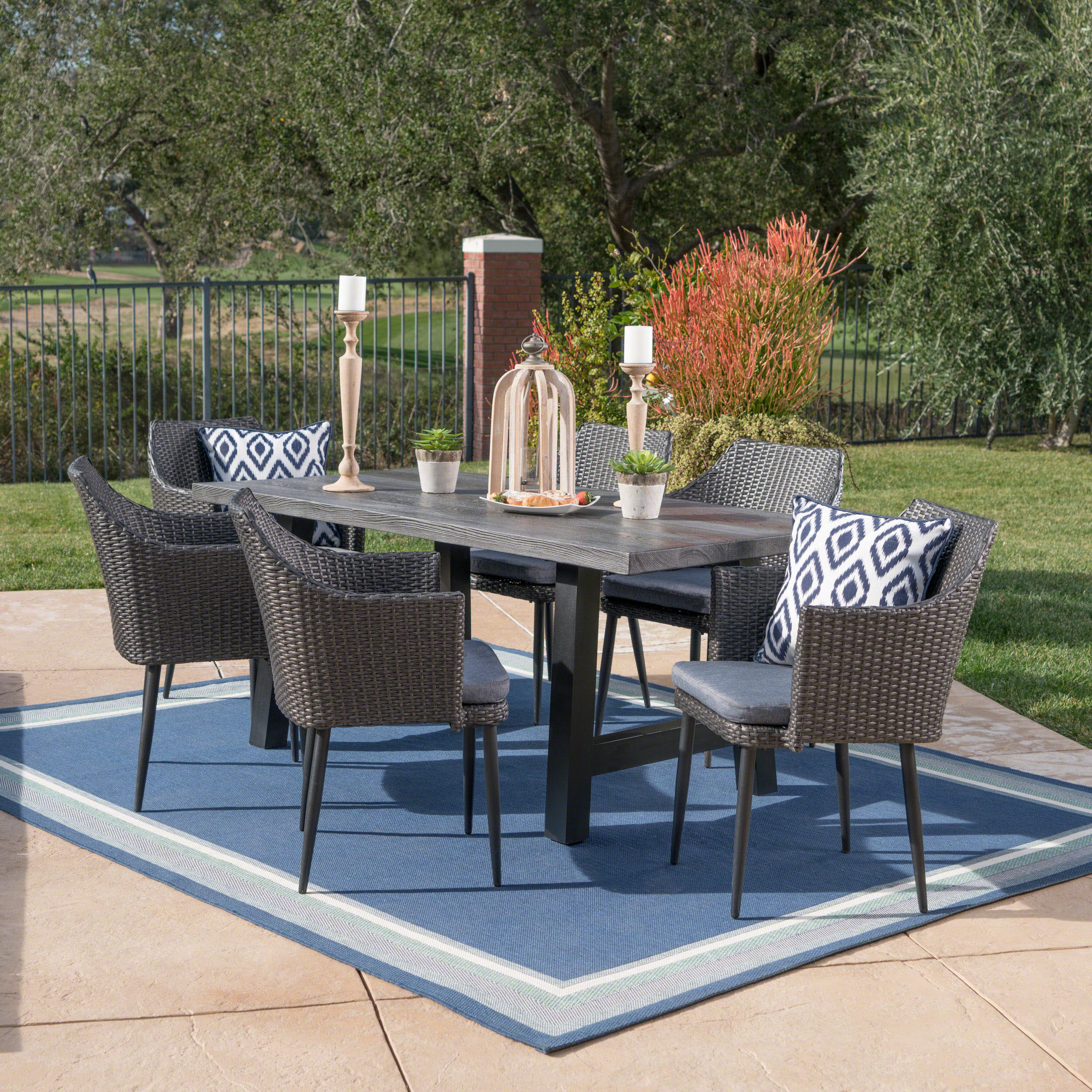 Blanche Outdoor 7 Piece Wicker Dining Set with Concrete Table - furnishings