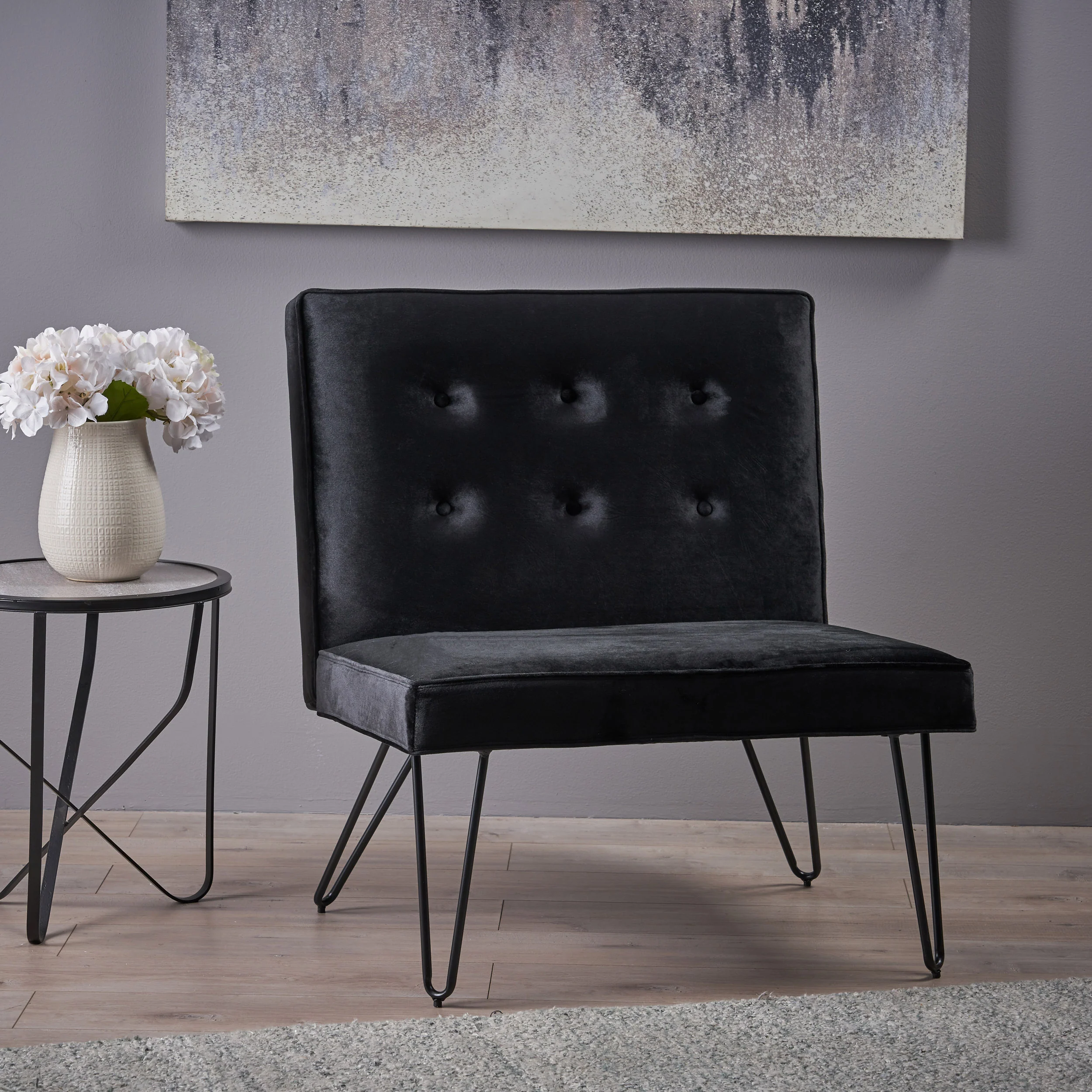 DuSoleil Modern Button Tufted Armless Velvet Accent Chair with Hairpin Legs - furnishings