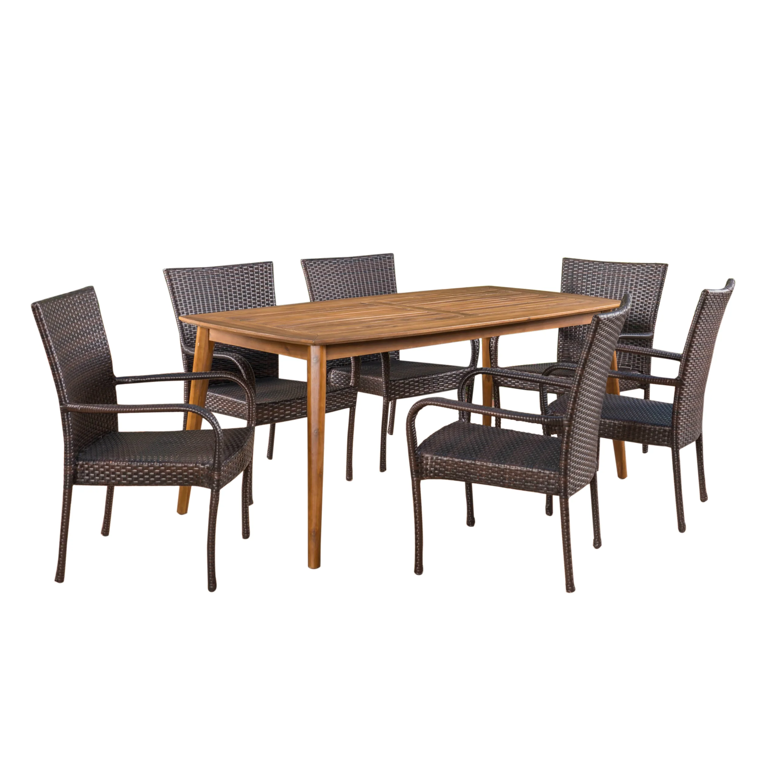 Livio Outdoor 7 Piece Multibrown Wicker Dining Set with Teak Finish Rectangular Acacia Wood Dining Table - furnishings