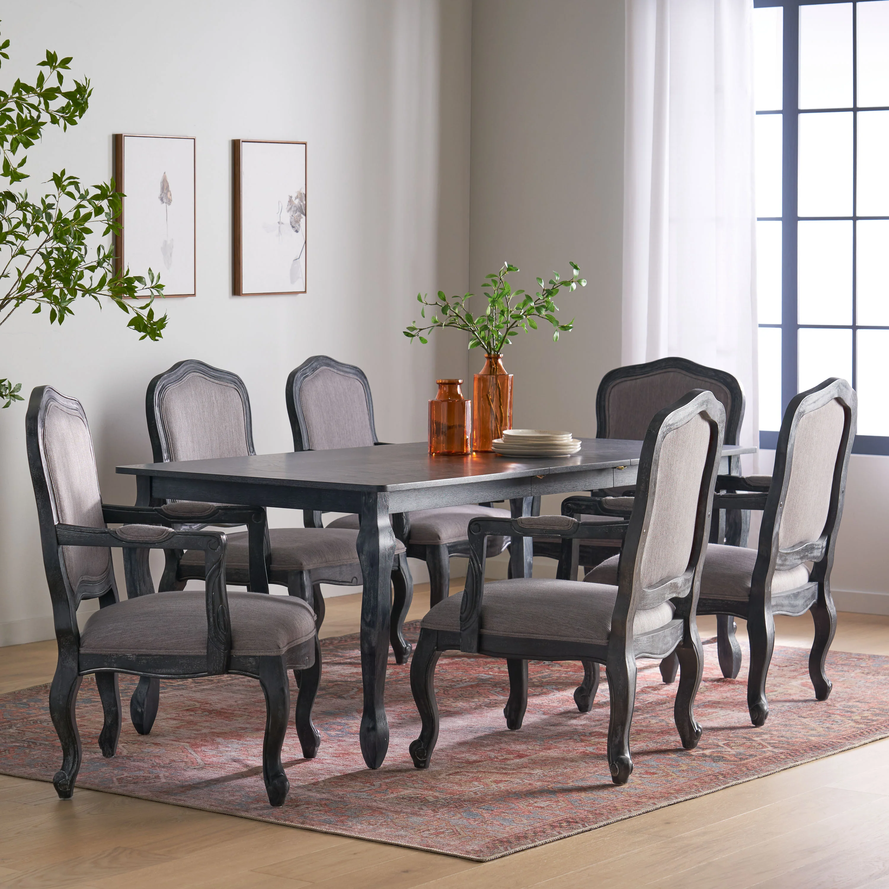 Bonview French Country Fabric Upholstered Wood Expandable 7 Piece Dining Set - furnishings