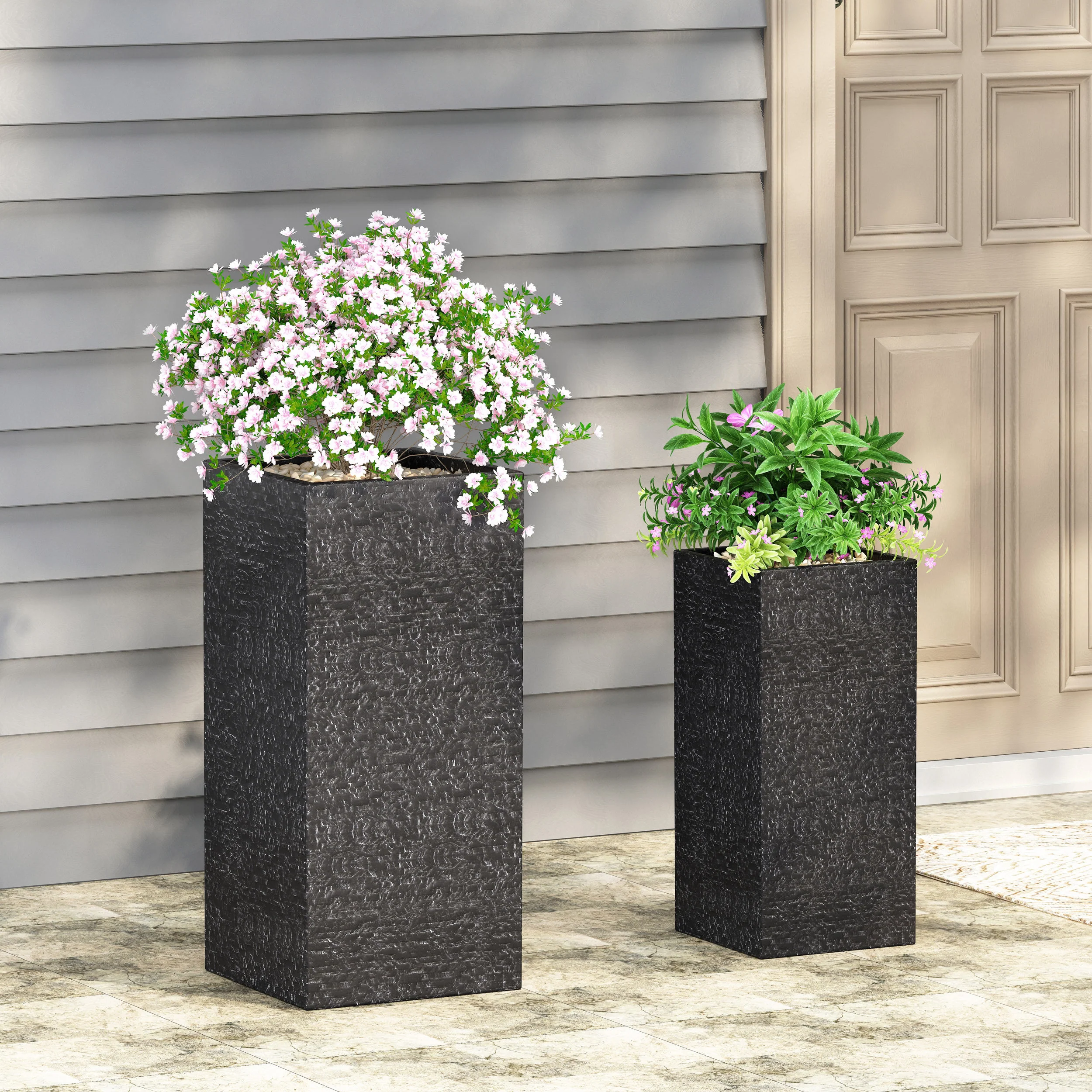 Leiman Outdoor Medium and Small Cast Stone Planters, Set of 2, Gray - furnishings
