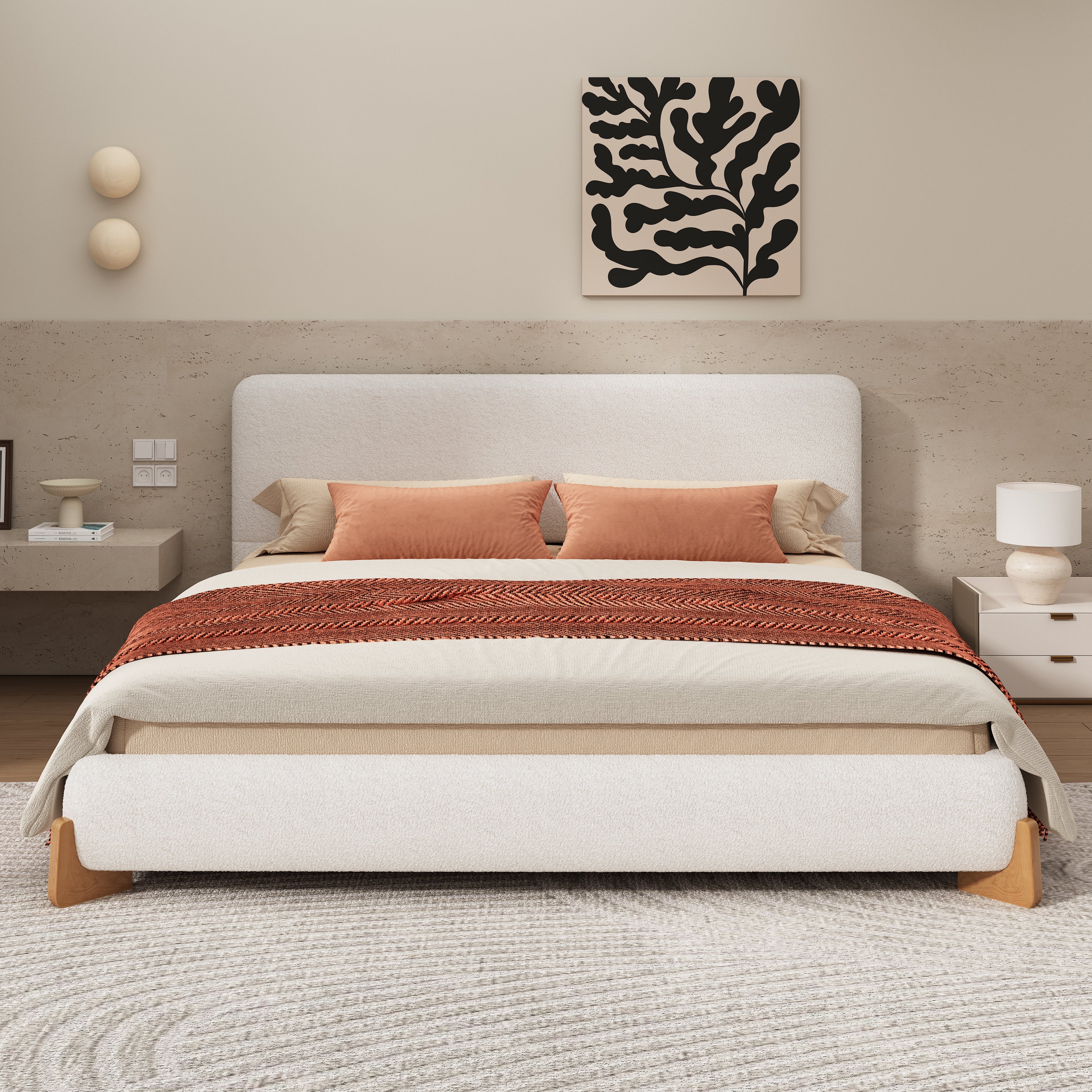 Eryndor Modern Upholstered Boucle Platform Bed with Headboard, Wood - furnishings