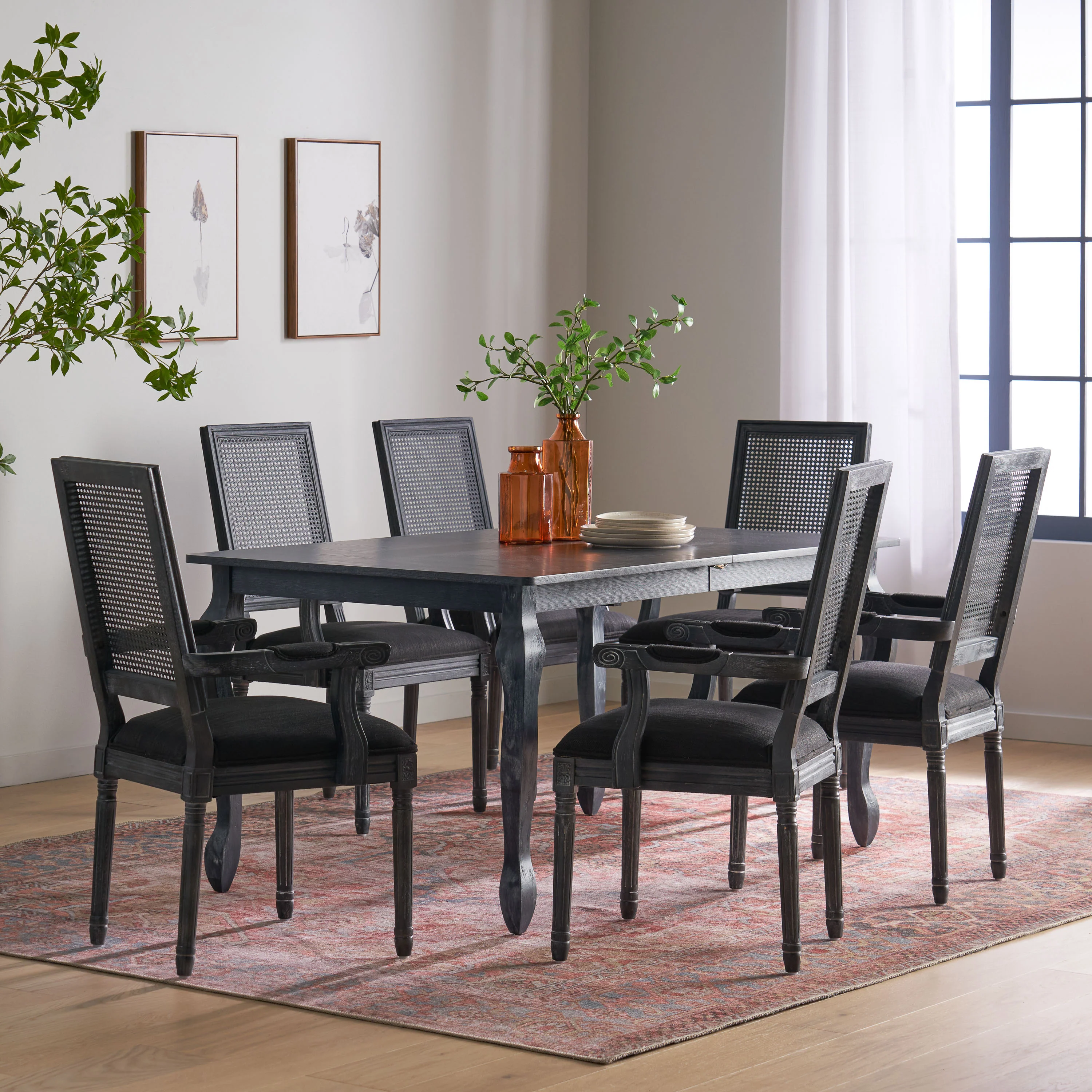 Regan French Country Fabric Upholstered Wood and Cane Expandable 7 Piece Dining Set - furnishings
