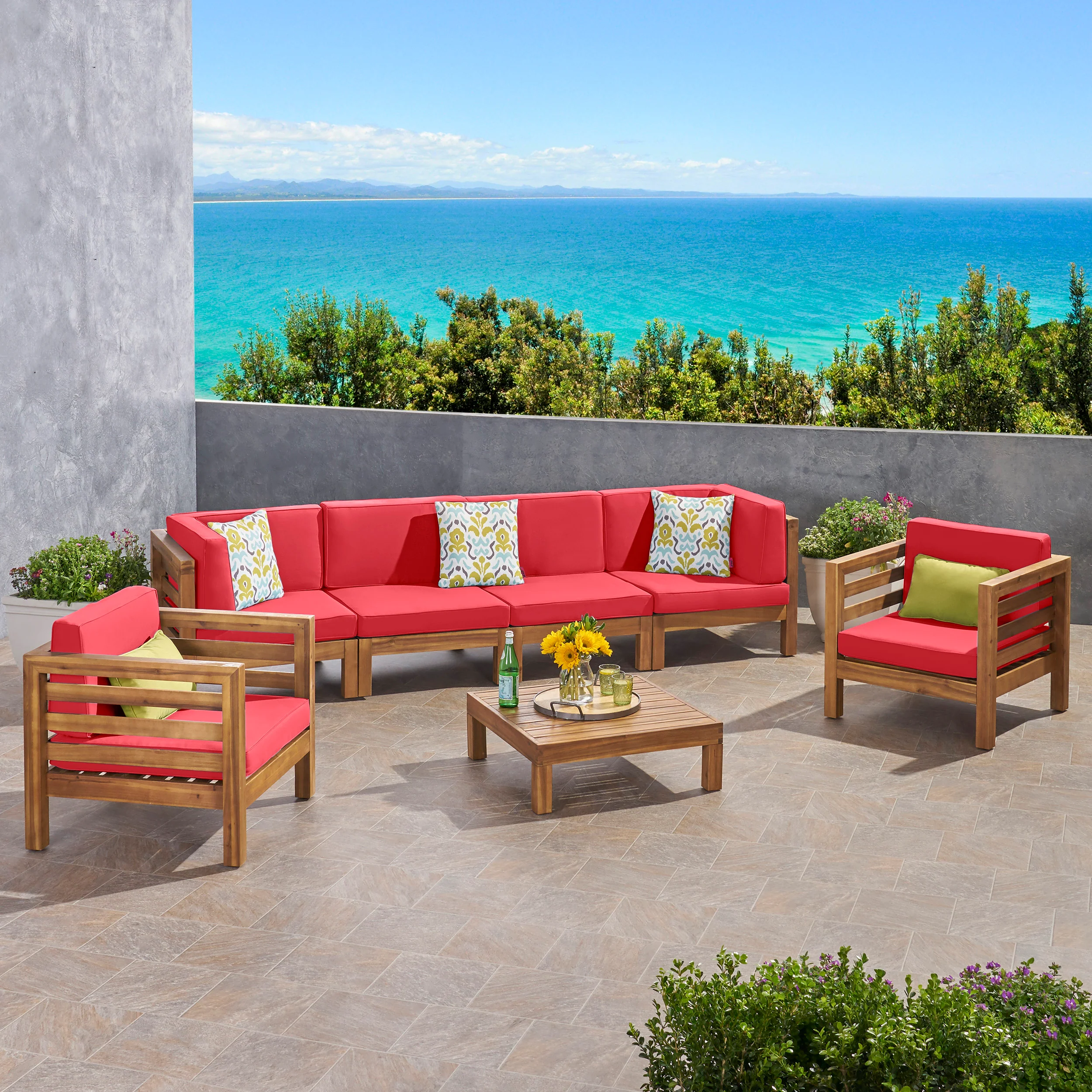 Emma Outdoor 6 Seater Acacia Wood Sofa Chat Set - furnishings
