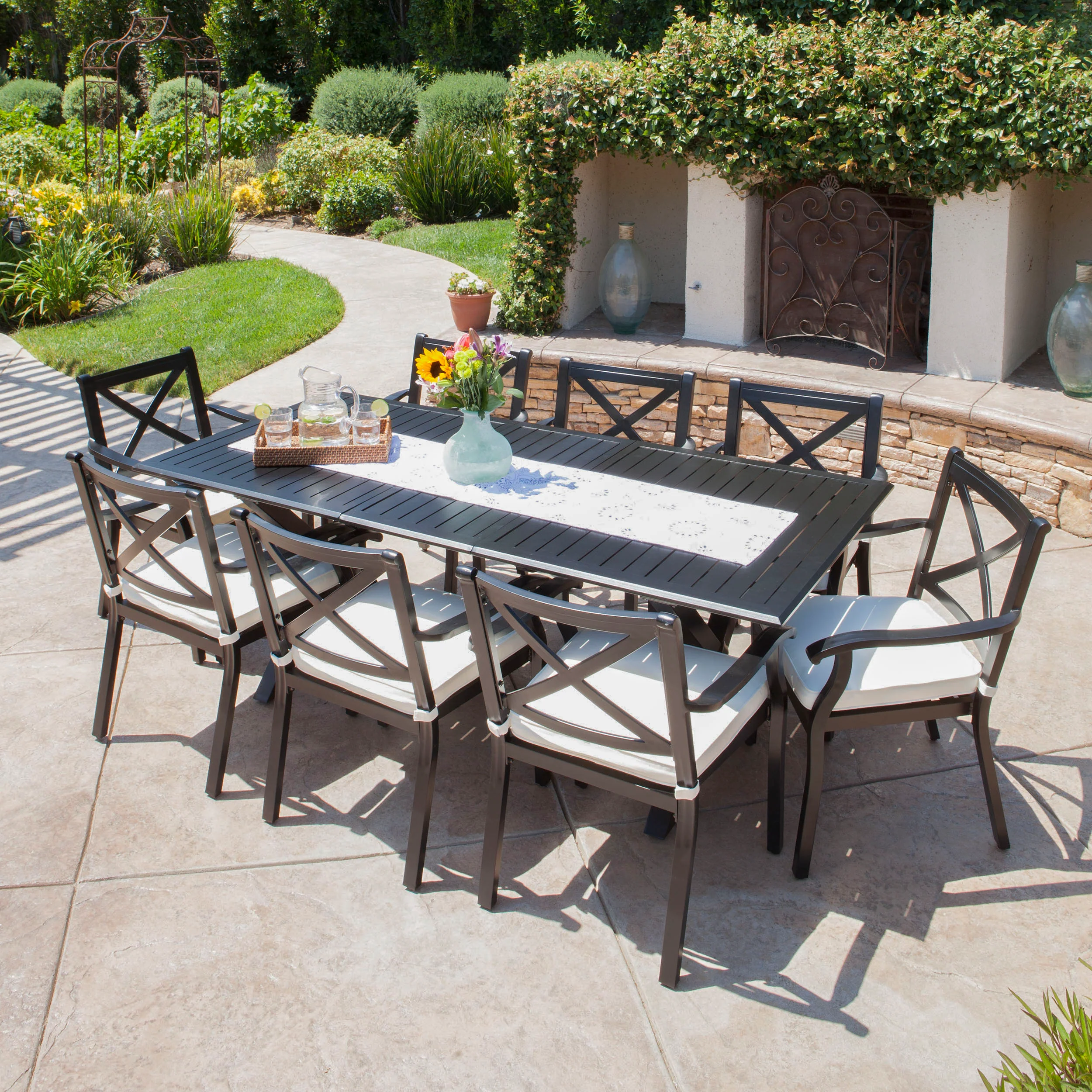 Eowyn Expandable 7-9 Piece Outdoor Cast Aluminum Dining Set w/ Umbrella Hole - furnishings
