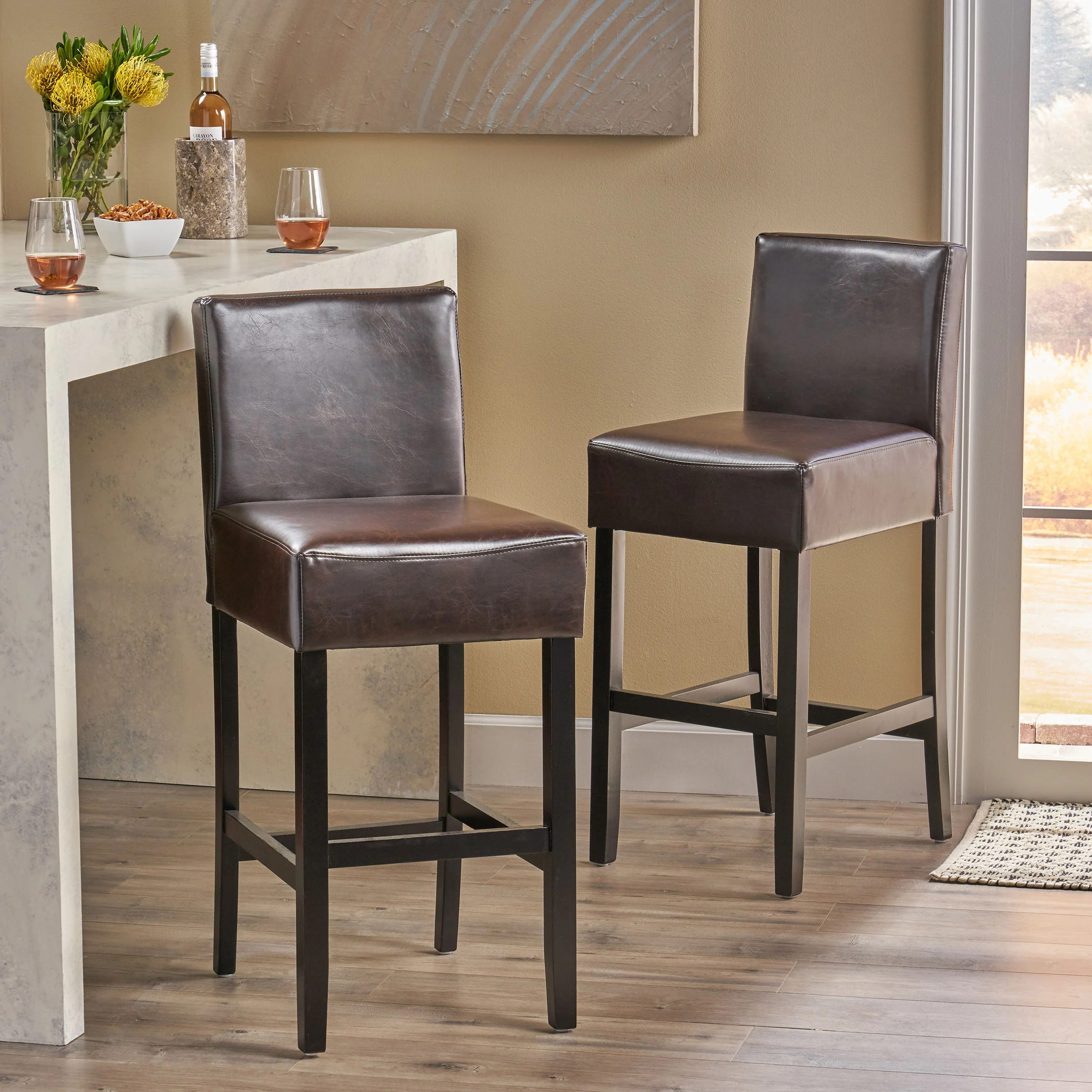 Lowry Contemporary Upholstered Ivory Bonded Leather Backed Barstools (Set of 2) - furnishings