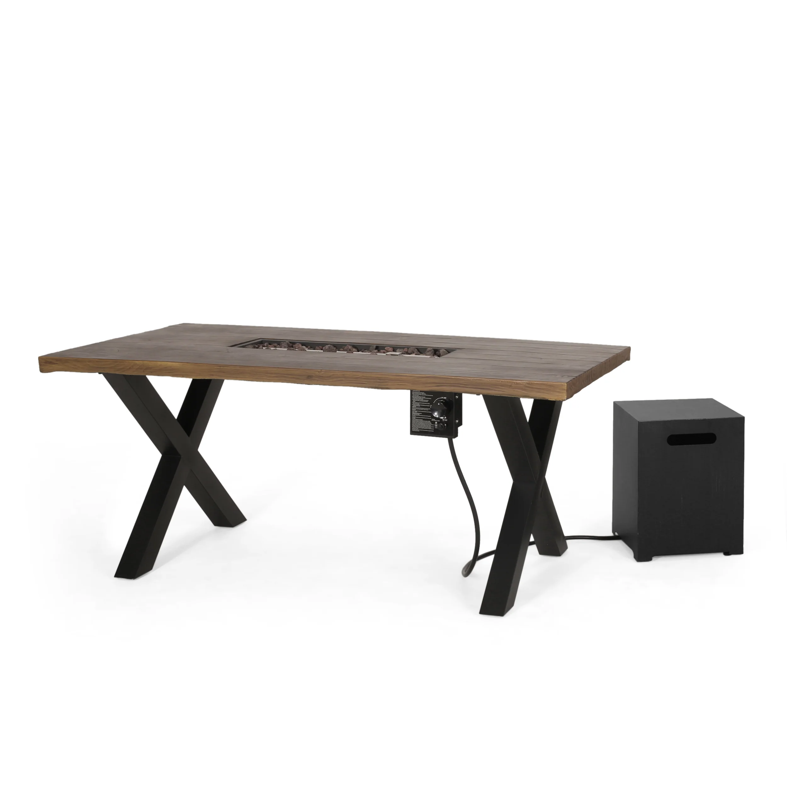 Hyrum Outdoor 40,000 BTU Fire Pit Dining Table with Tank Holder, Textured Brown Walnut, Black, and Dark Gray - furnishings