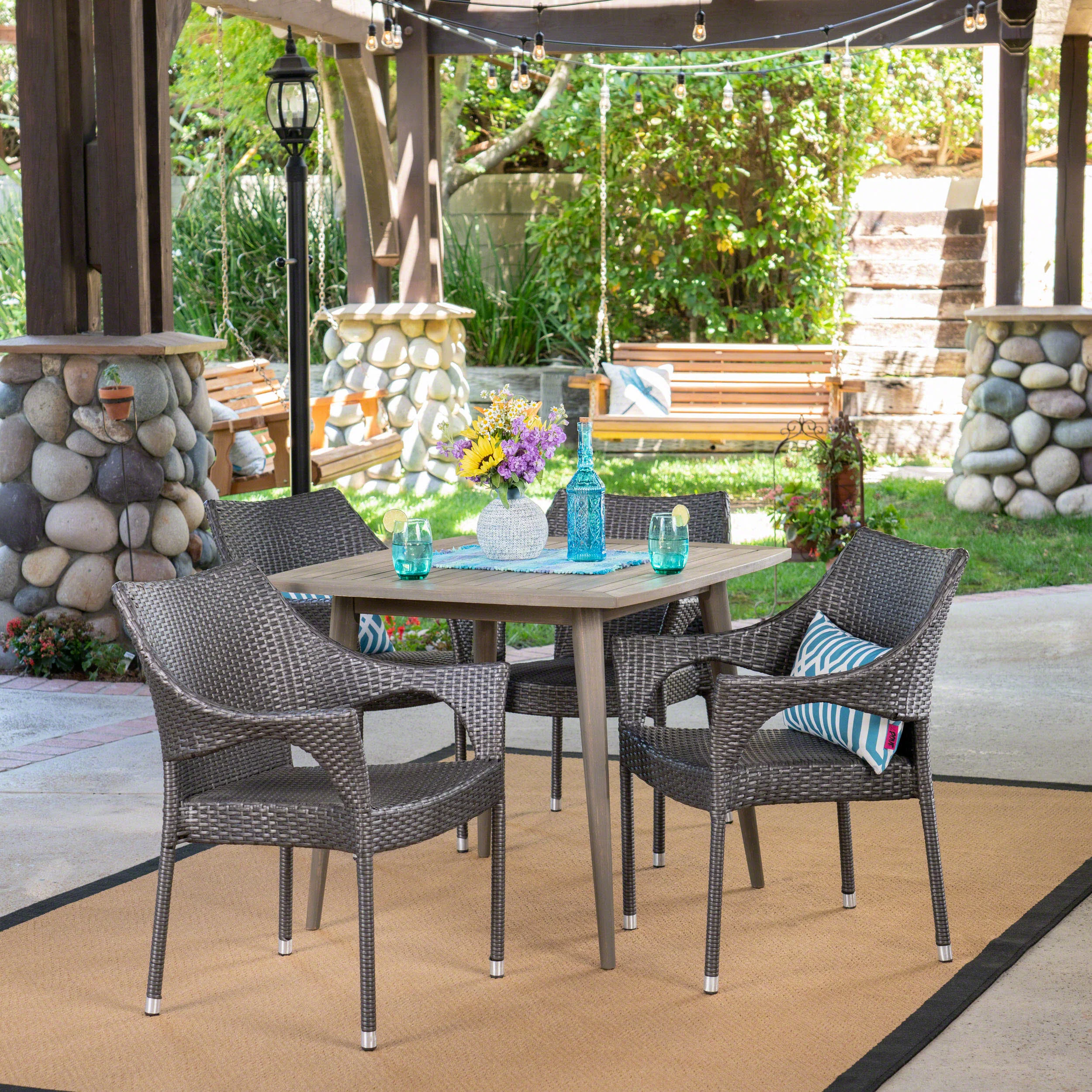 Kirk Outdoor 5 Piece Wood and Wicker Dining Set, Gray and Gray - furnishings