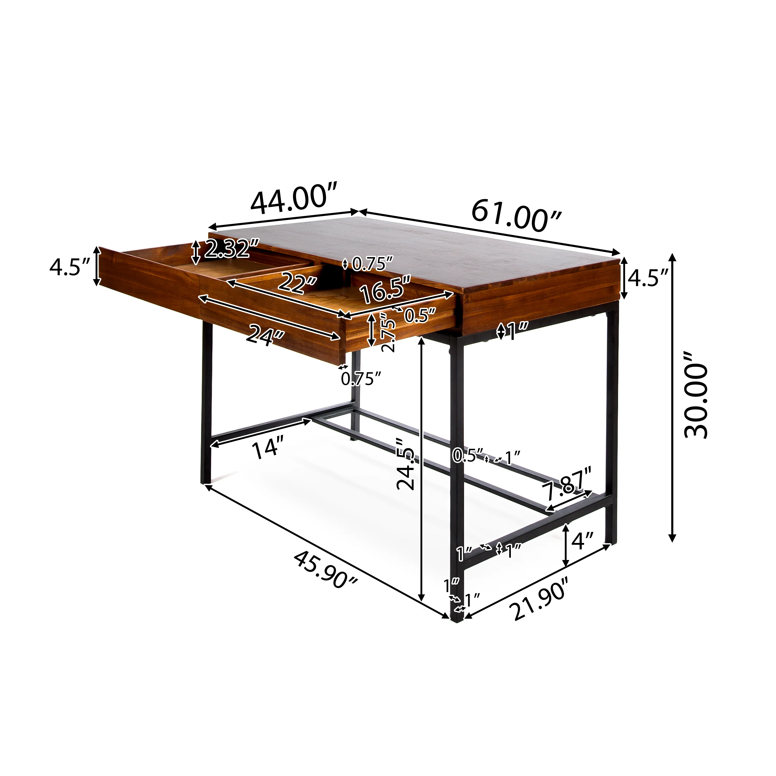 Elrod Industrial Dark Oak Acacia Wood Storage Desk with Rustic Metal Iron Accent - furnishings