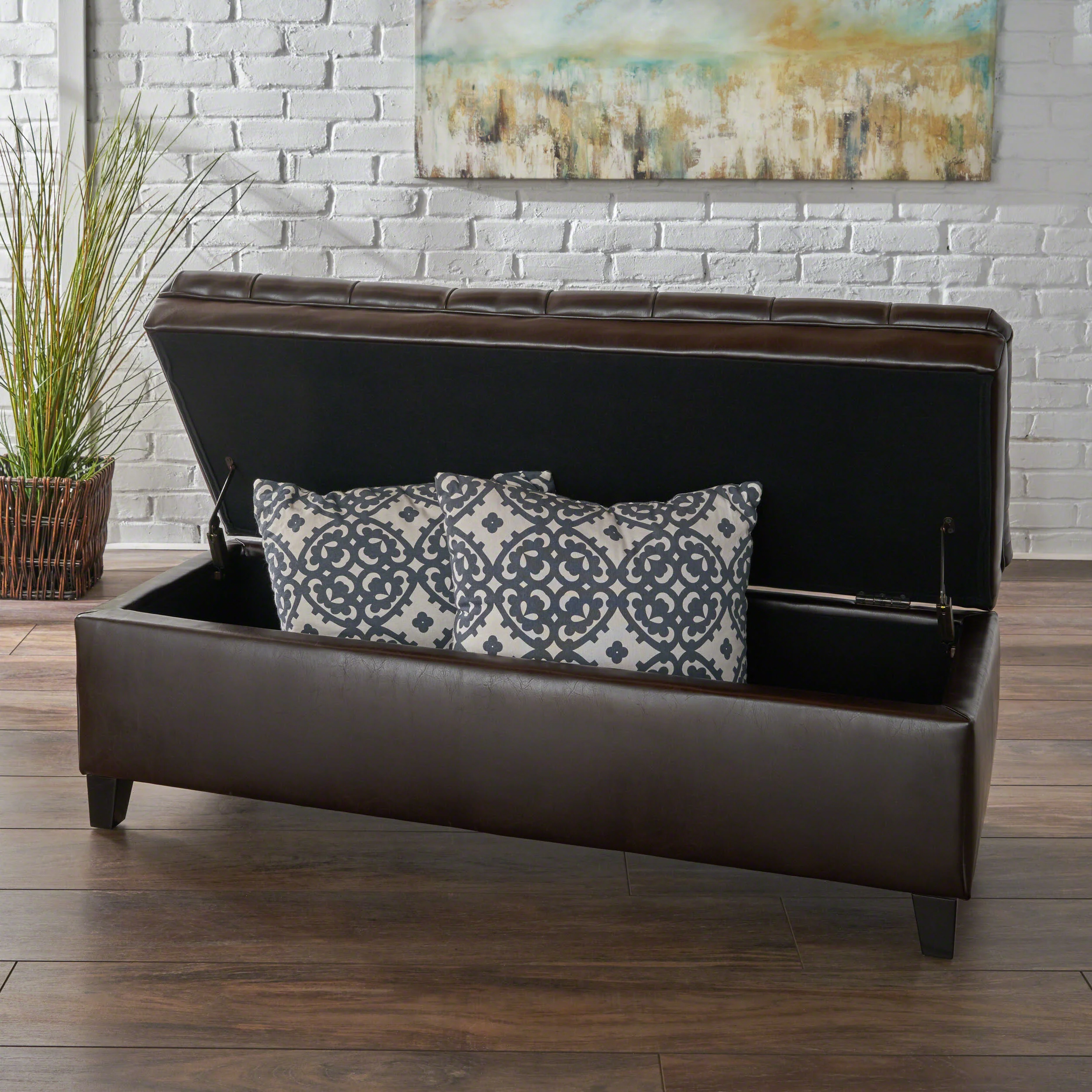 Sheffield Contemporary Button Tufted Brown Faux Leather Storage Ottoman - furnishings