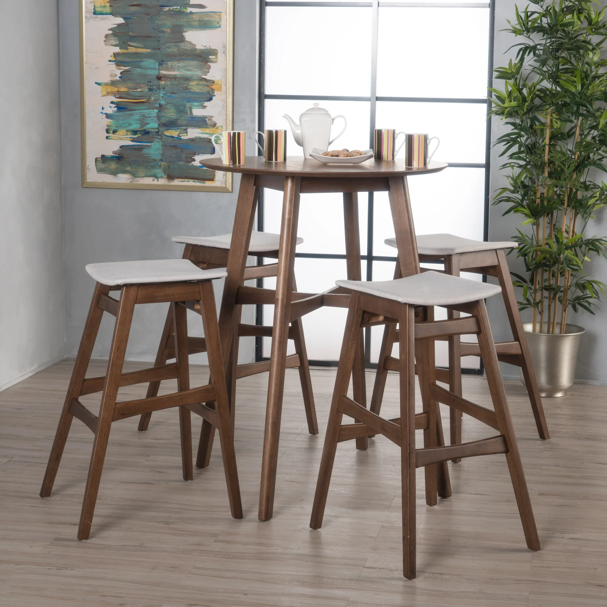 Simi Natural Walnut Finish Circular 5 Piece Bar Height Dining Set - furnishings